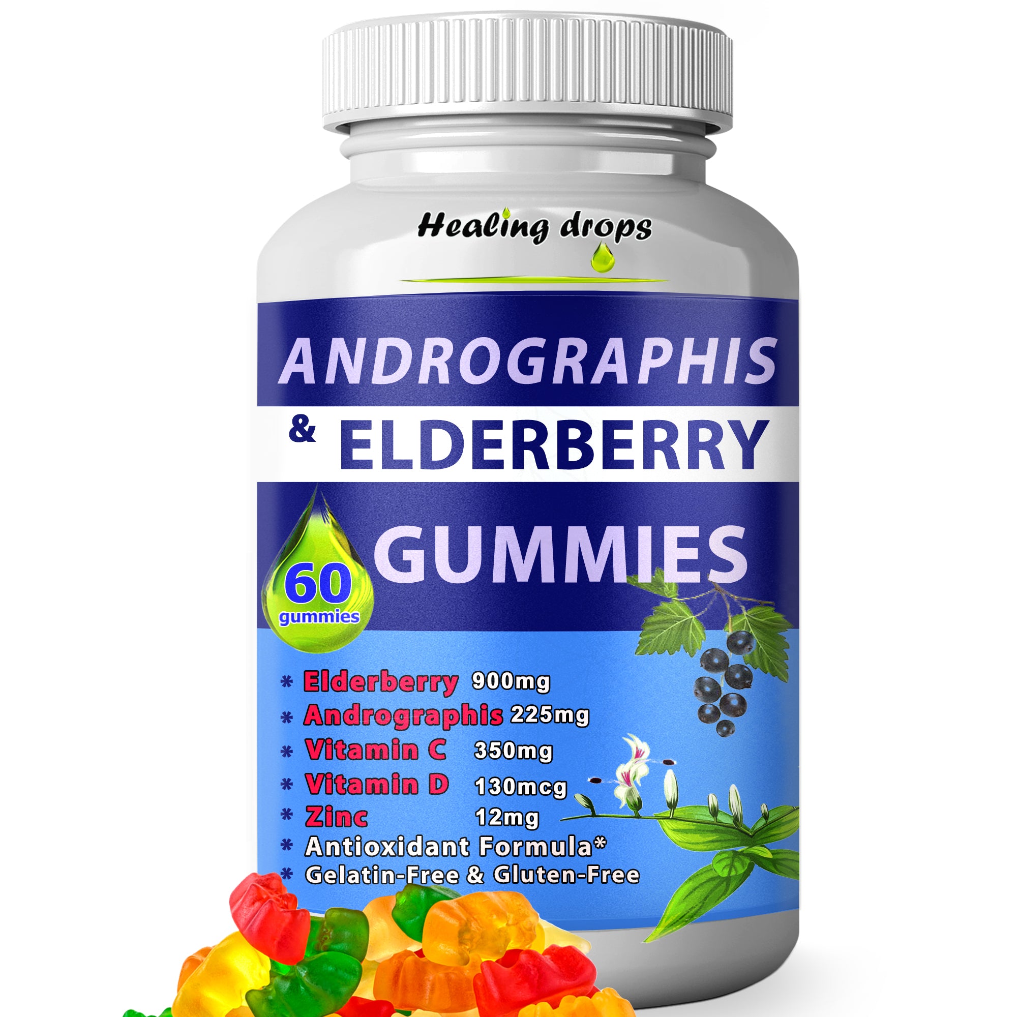 Elderberry Andrographis Gummies 900mg | Immune Defense for Adults & Kids | Healing Drops™