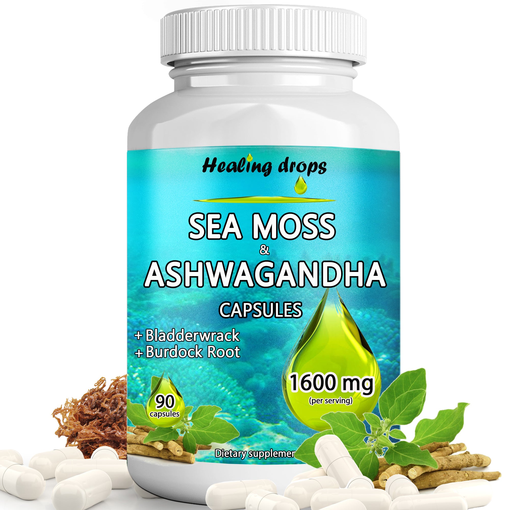 Sea Moss Ashwagandha Capsules | Bladderwrack & Burdock Root | 102 Minerals | Healing Drops™