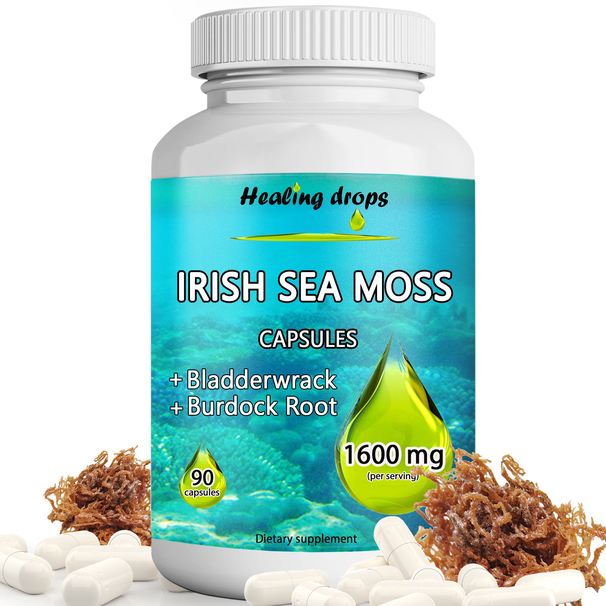 Irish Sea Moss Capsules 1600mg | Bladderwrack & Burdock Root | Thyroid Detox & Skin Support | Healing Drops™
