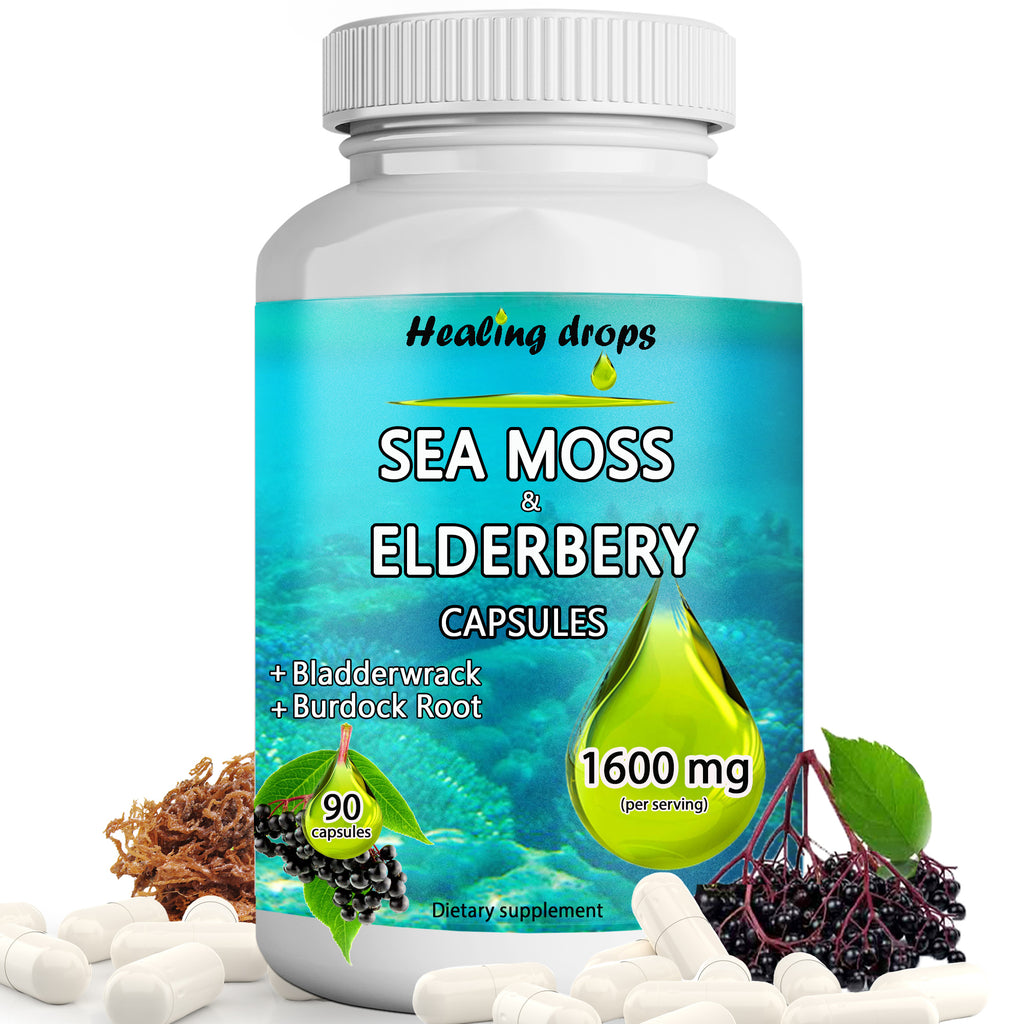 Irish Sea Moss Elderberry Capsules | Bladderwrack & Burdock Root | Immune & Thyroid Support | Healing Drops™
