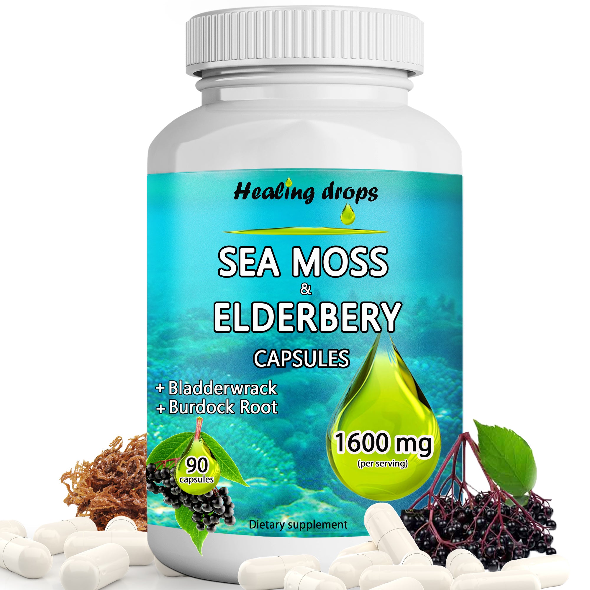 Irish Sea Moss Elderberry Capsules | Bladderwrack & Burdock Root | Immune & Thyroid Support | Healing Drops™