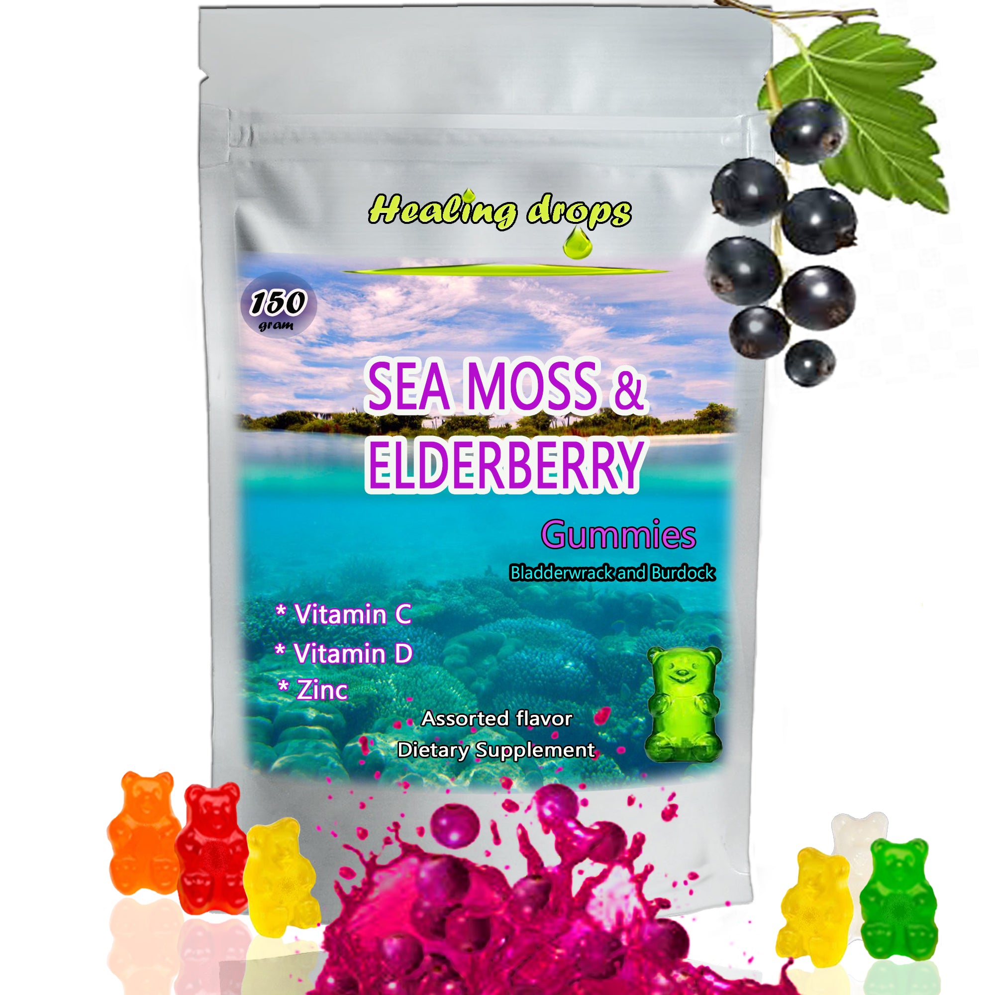 Irish Sea Moss Elderberry Gummies | Vitamin C D + Zinc + Bladderwrack | Healing Drops™