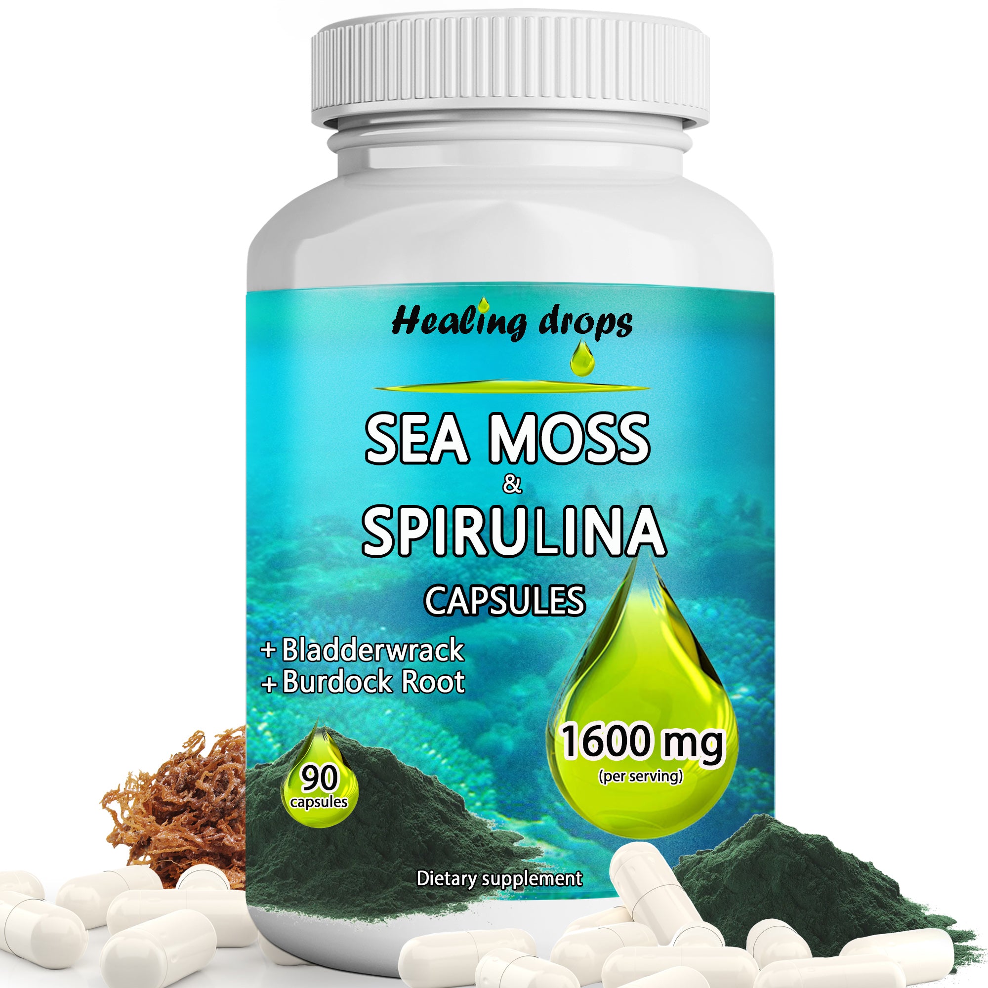 Irish Sea Moss Spirulina Capsules | Bladderwrack & Burdock Root | Superfood Mineral Complex | Healing Drops™