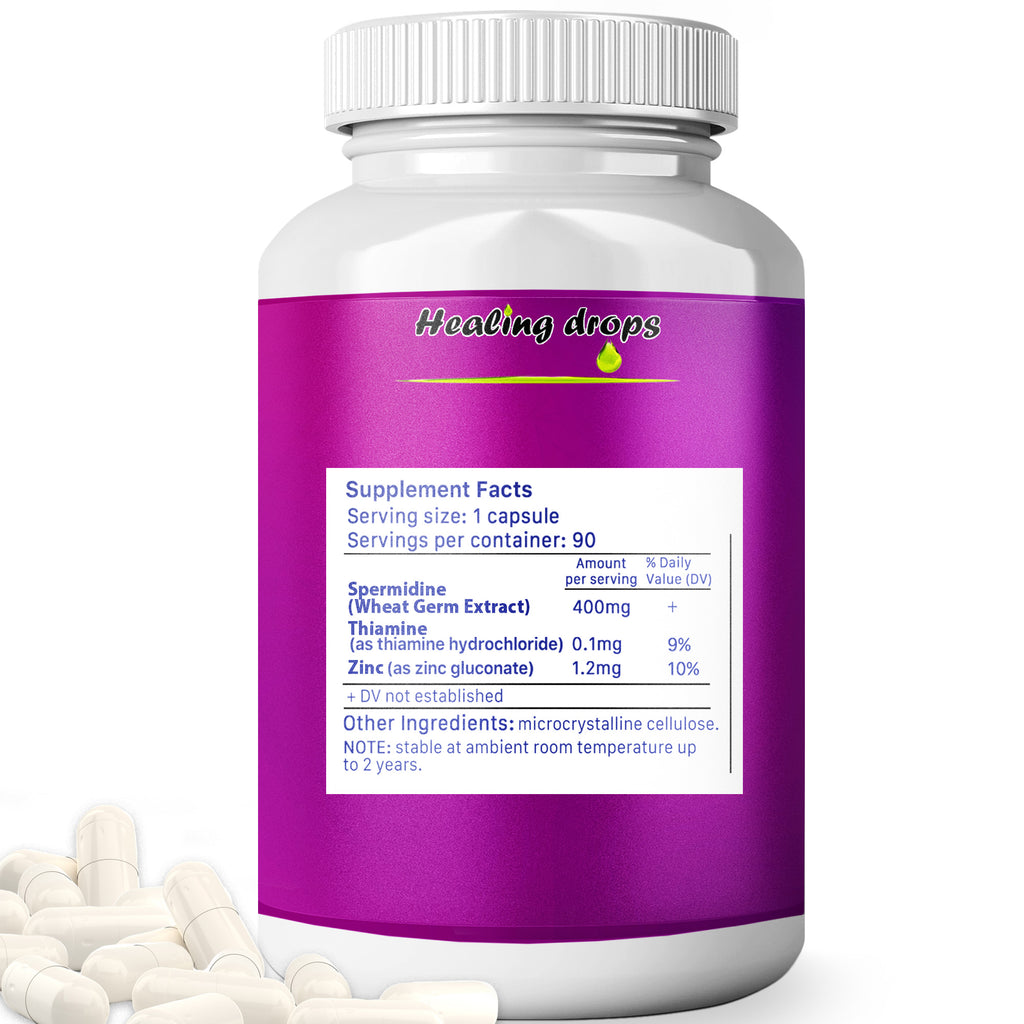 Spermidine Capsules Wheat Germ Extract - High Potency 99% of 3HCL Spermidine (90 Capsules) Healing Drops