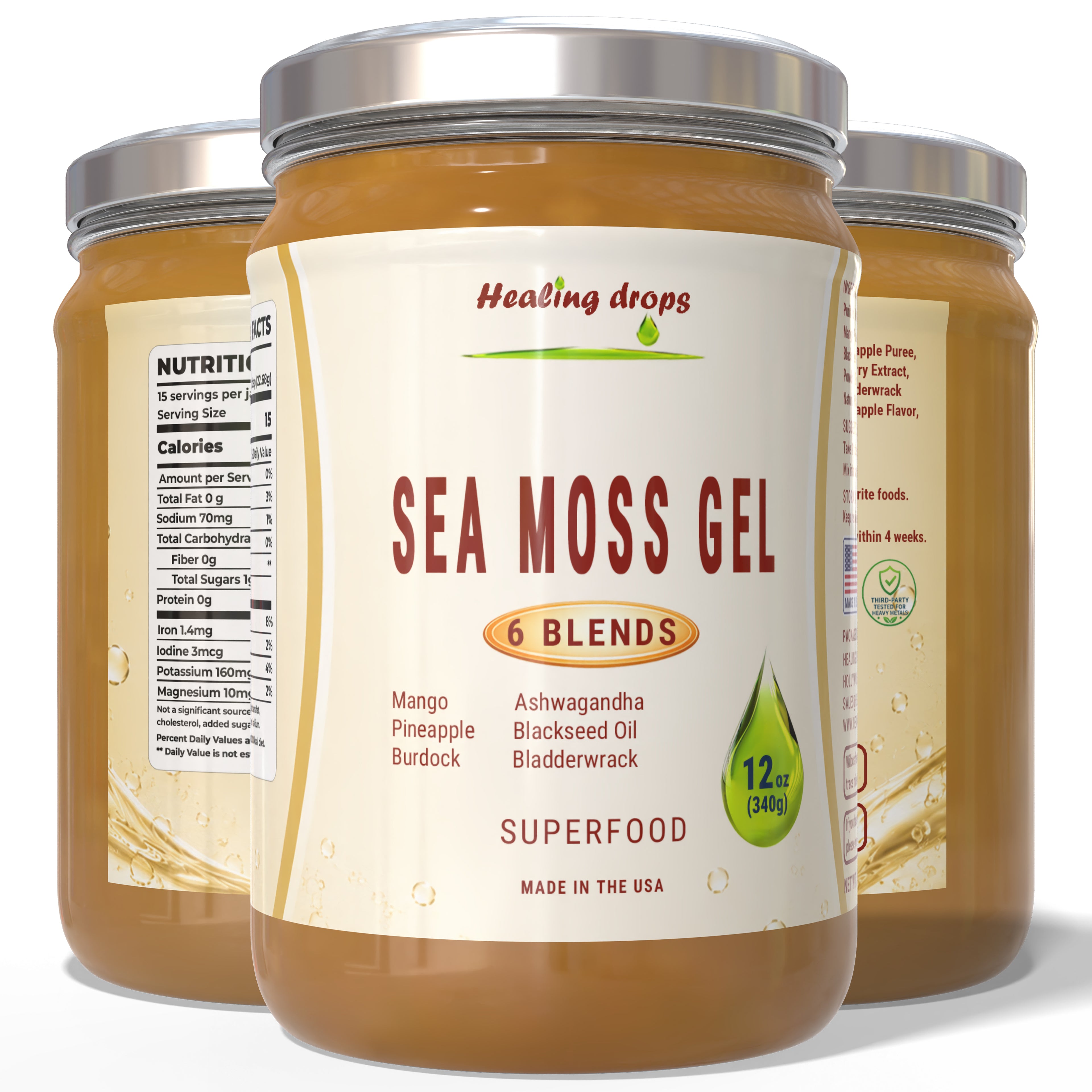 Sea Moss Gel Ashwagandha Mango Pineapple Black Seed Oil Burdock Bladderwrack - 92 Minerals & Trace Elements | Healing Drops™