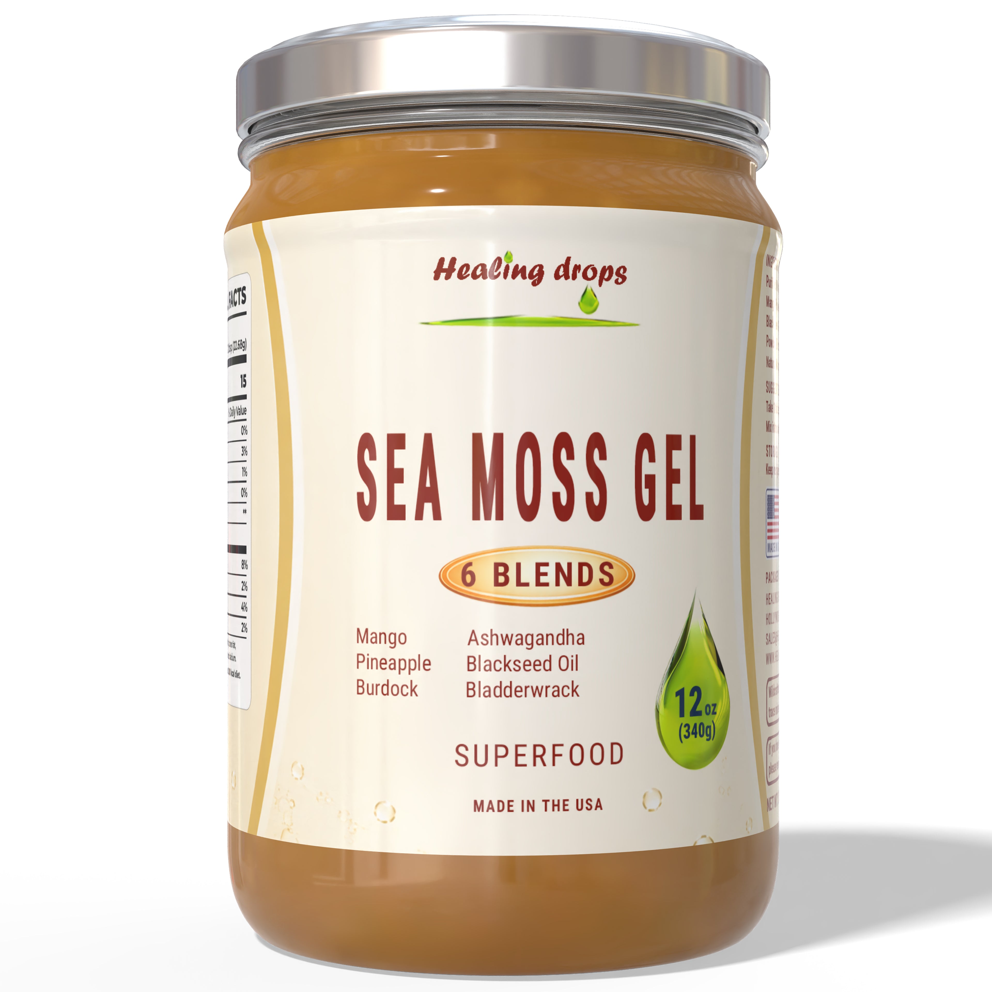 Sea Moss Gel Ashwagandha Mango Pineapple Black Seed Oil Burdock Bladderwrack - 92 Minerals & Trace Elements | Healing Drops™