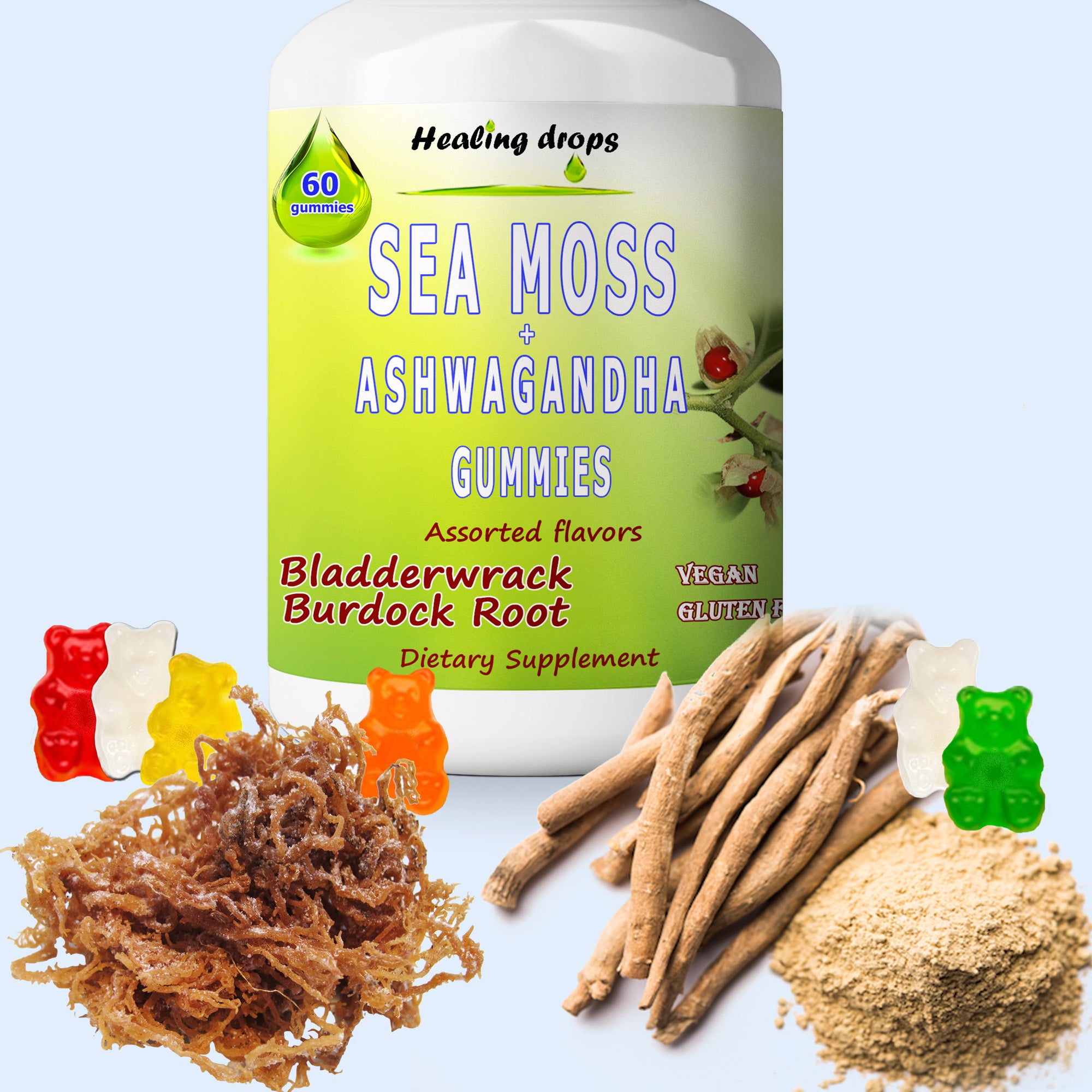 Sea Moss Ashwagandha Gummies | Bladderwrack & Burdock Root | Keto Alkaline | Healing Drops™