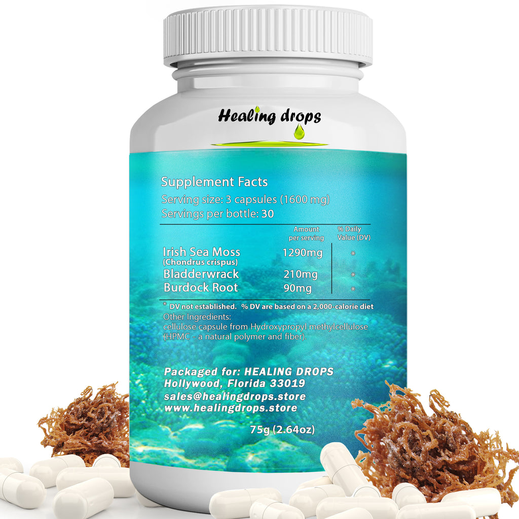 Irish Sea Moss Capsules 1600mg | Bladderwrack & Burdock Root | Thyroid Detox & Skin Support | Healing Drops™