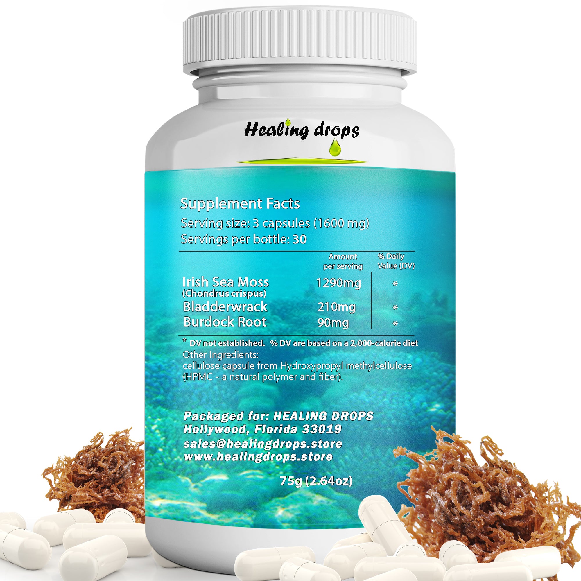 Irish Sea Moss Capsules 1600mg | Bladderwrack & Burdock Root | Thyroid Detox & Skin Support | Healing Drops™