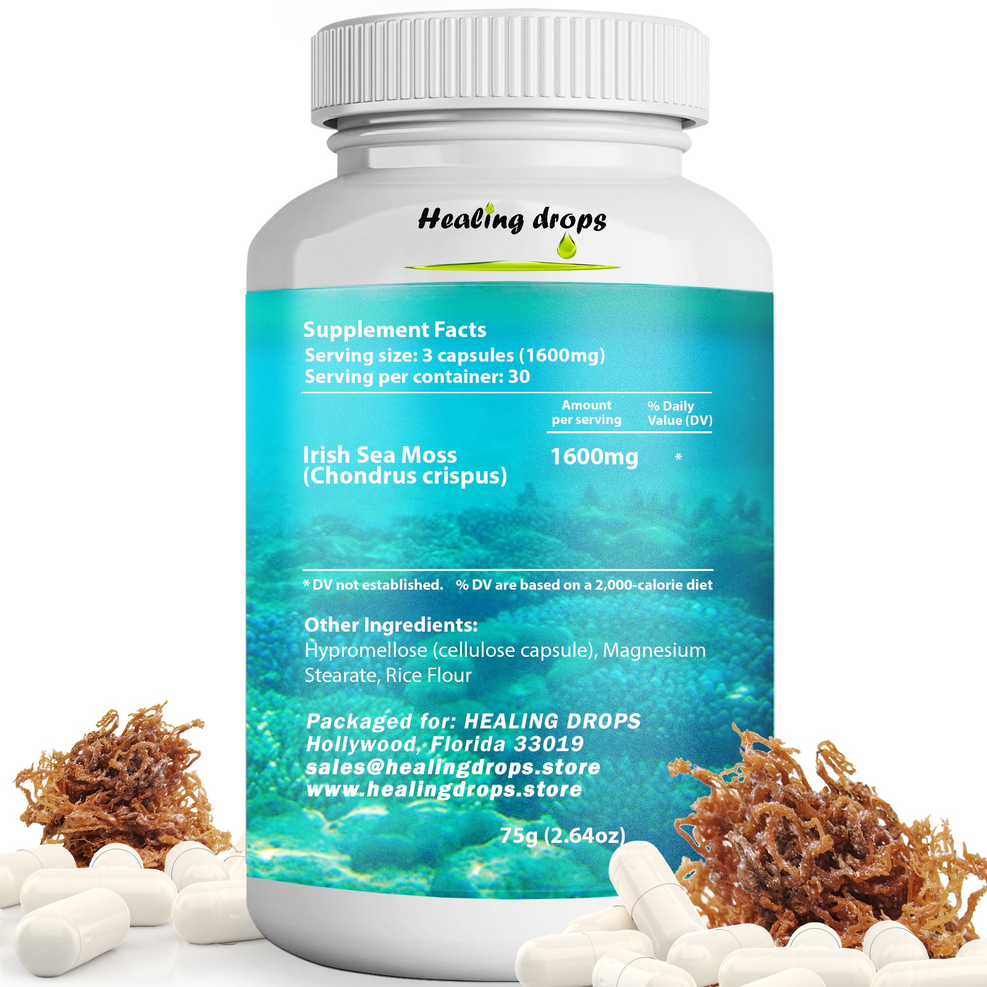 Irish Sea Moss Capsules 1600mg | Raw Organic Wildcrafted | Thyroid & Skin Support | Healing Drops™