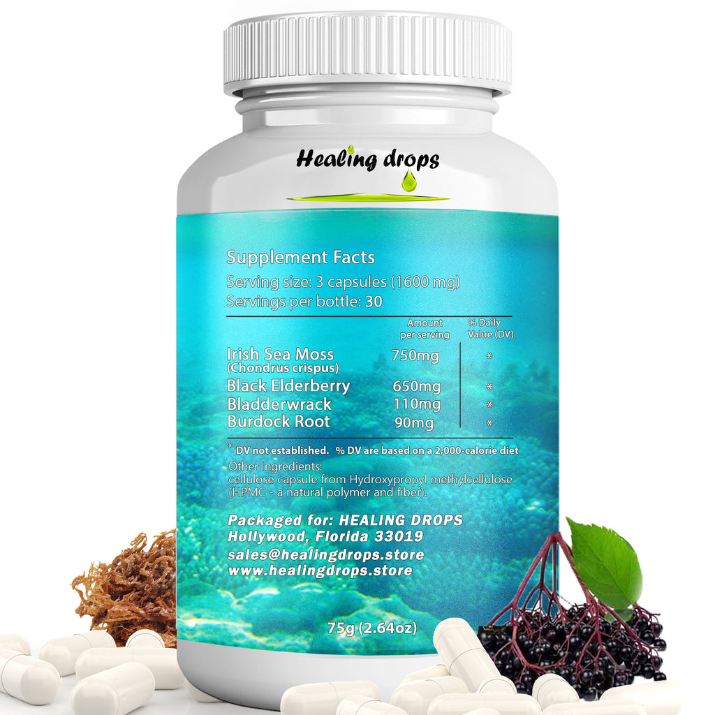 Irish Sea Moss Elderberry Capsules | Bladderwrack & Burdock Root | Immune & Thyroid Support | Healing Drops™