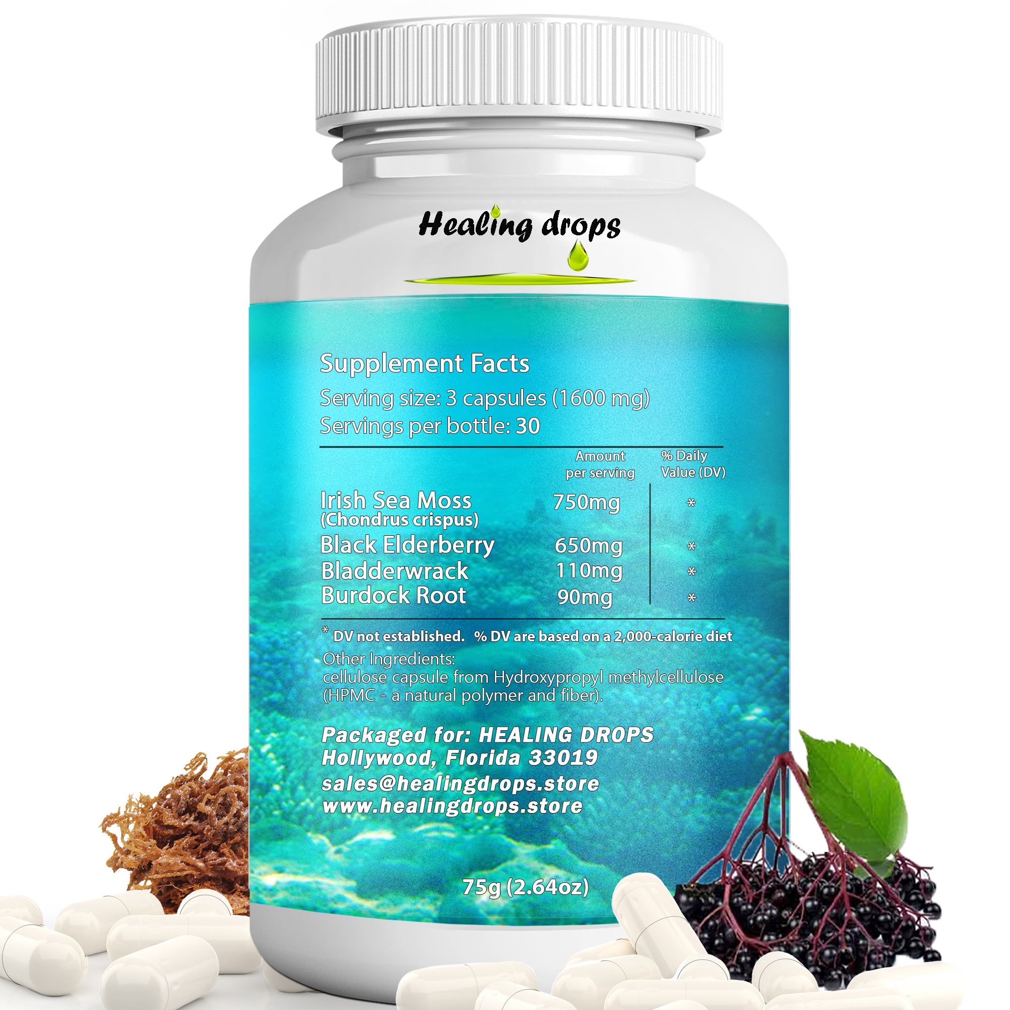 Irish Sea Moss Elderberry Capsules | Bladderwrack & Burdock Root | Immune & Thyroid Support | Healing Drops™