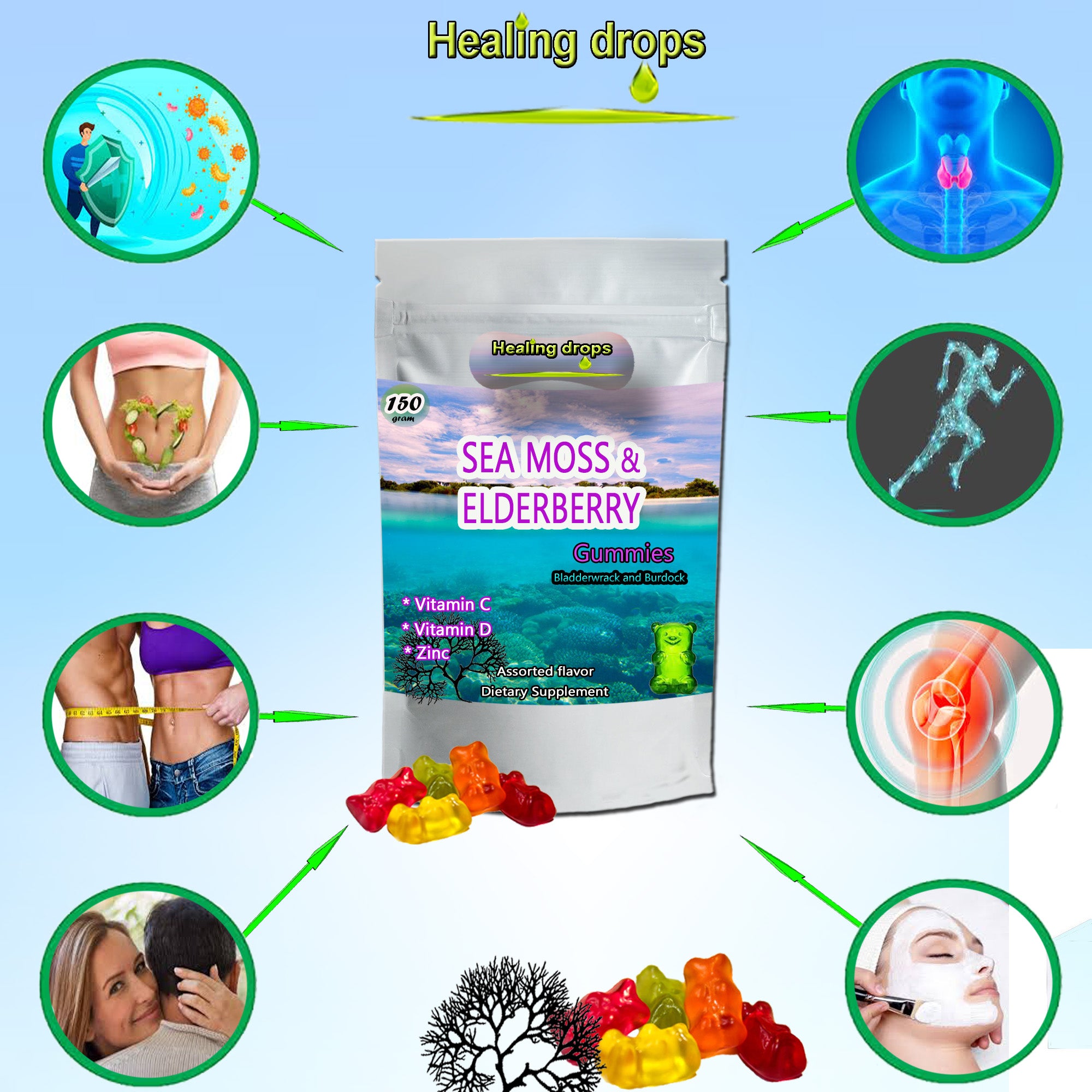 Irish Sea Moss Elderberry Gummies | Vitamin C D + Zinc + Bladderwrack | Healing Drops™