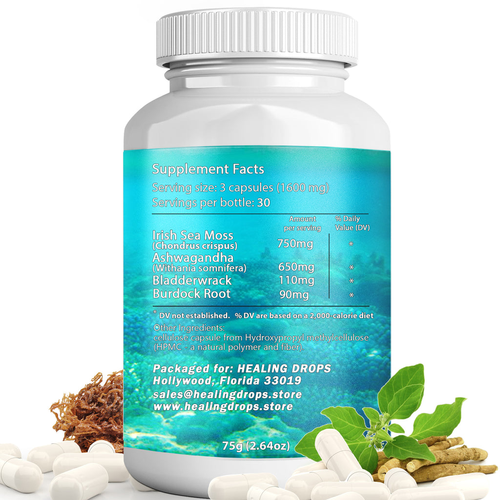 Sea Moss Ashwagandha Capsules | Bladderwrack & Burdock Root | 102 Minerals | Healing Drops™