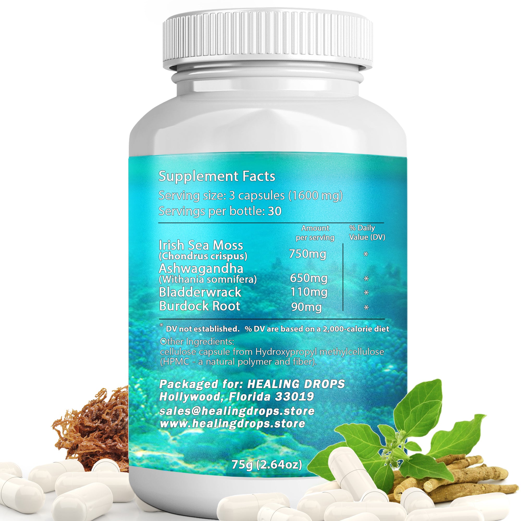 Sea Moss Ashwagandha Capsules | Bladderwrack & Burdock Root | 102 Minerals | Healing Drops™