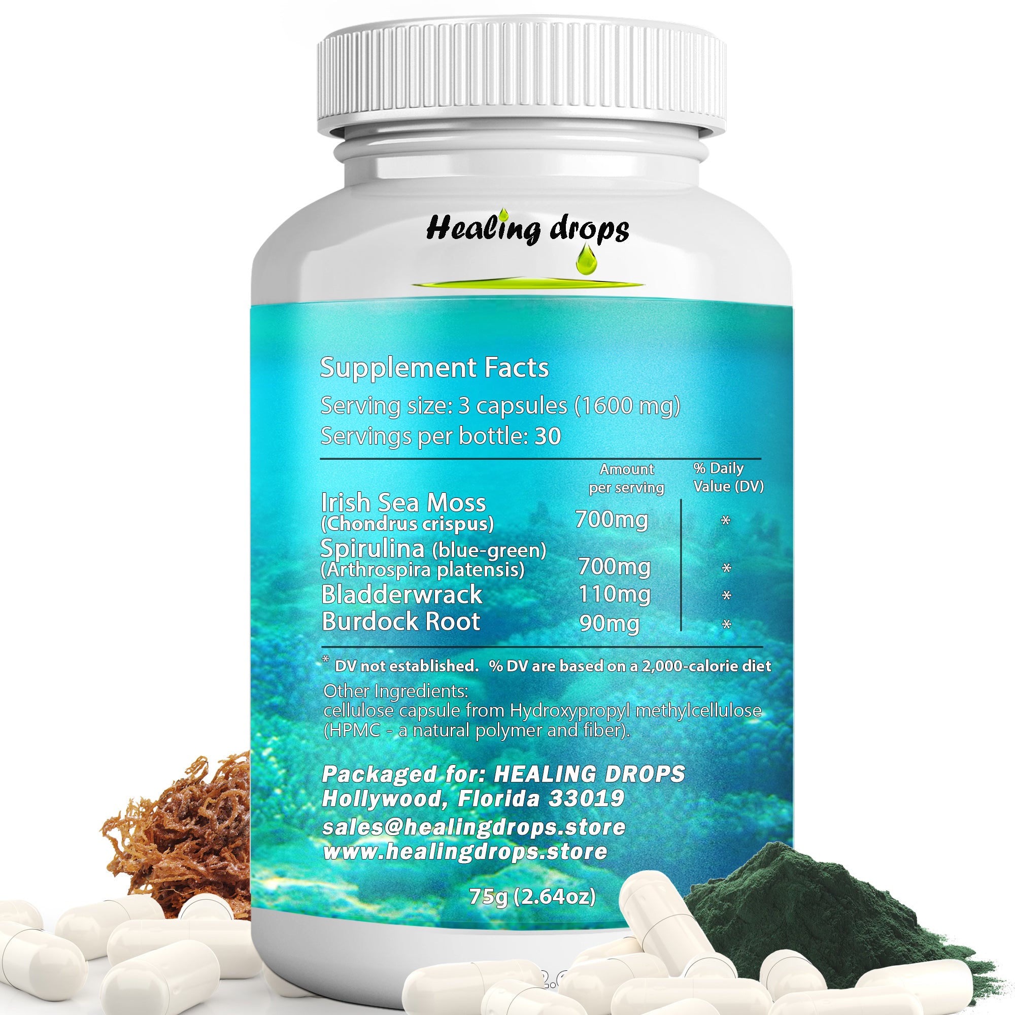 Irish Sea Moss Spirulina Capsules | Bladderwrack & Burdock Root | Superfood Mineral Complex | Healing Drops™