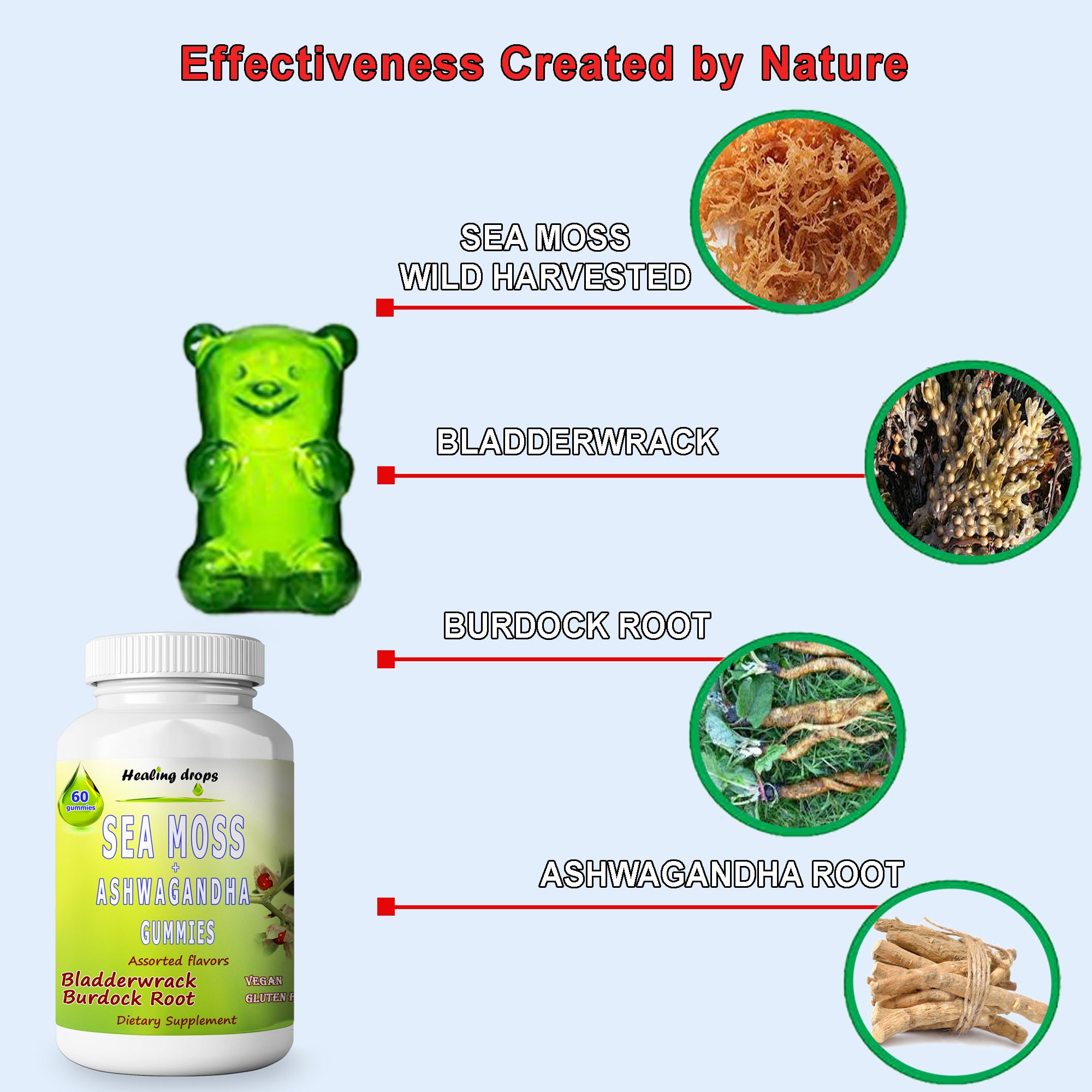 Sea Moss Ashwagandha Gummies | Bladderwrack & Burdock Root | Keto Alkaline | Healing Drops™