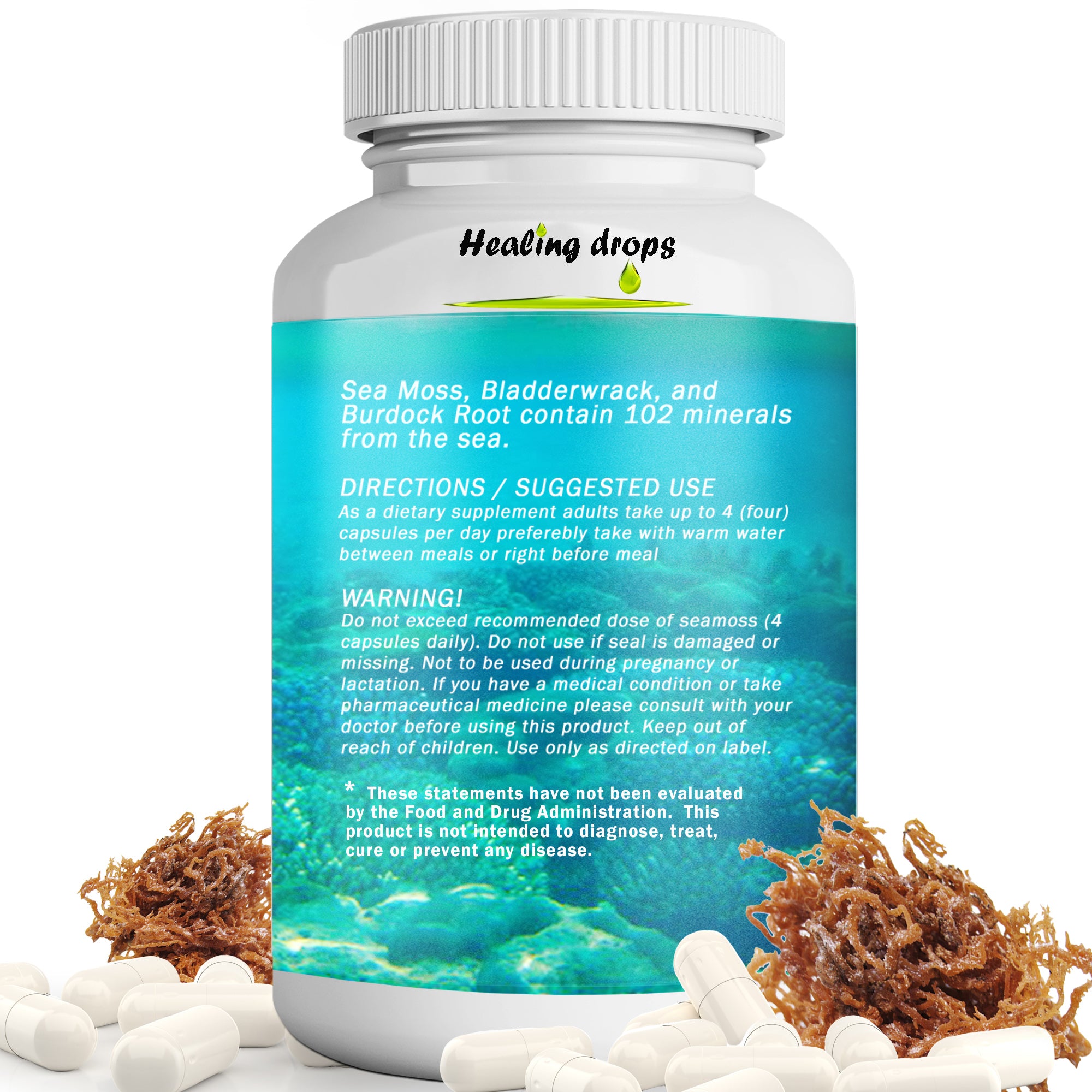 Irish Sea Moss Capsules 1600mg | Bladderwrack & Burdock Root | Thyroid Detox & Skin Support | Healing Drops™