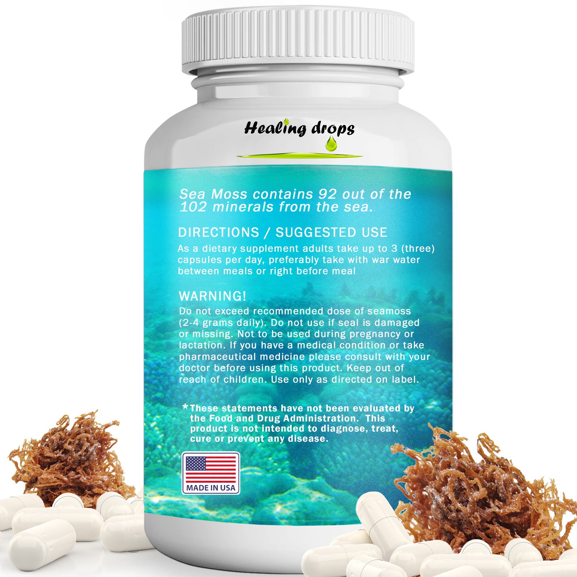 Irish Sea Moss Capsules 1600mg | Raw Organic Wildcrafted | Thyroid & Skin Support | Healing Drops™