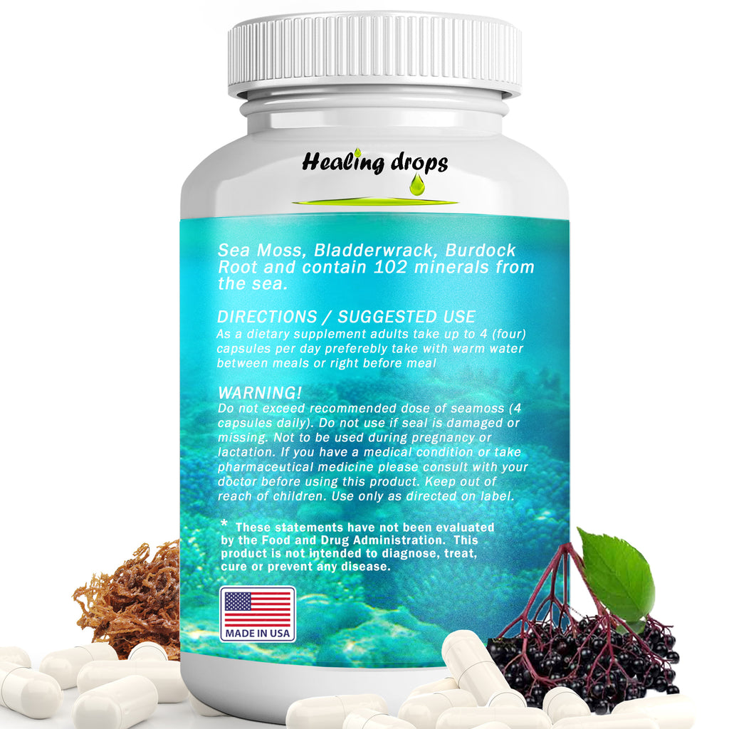 Irish Sea Moss Elderberry Capsules | Bladderwrack & Burdock Root | Immune & Thyroid Support | Healing Drops™