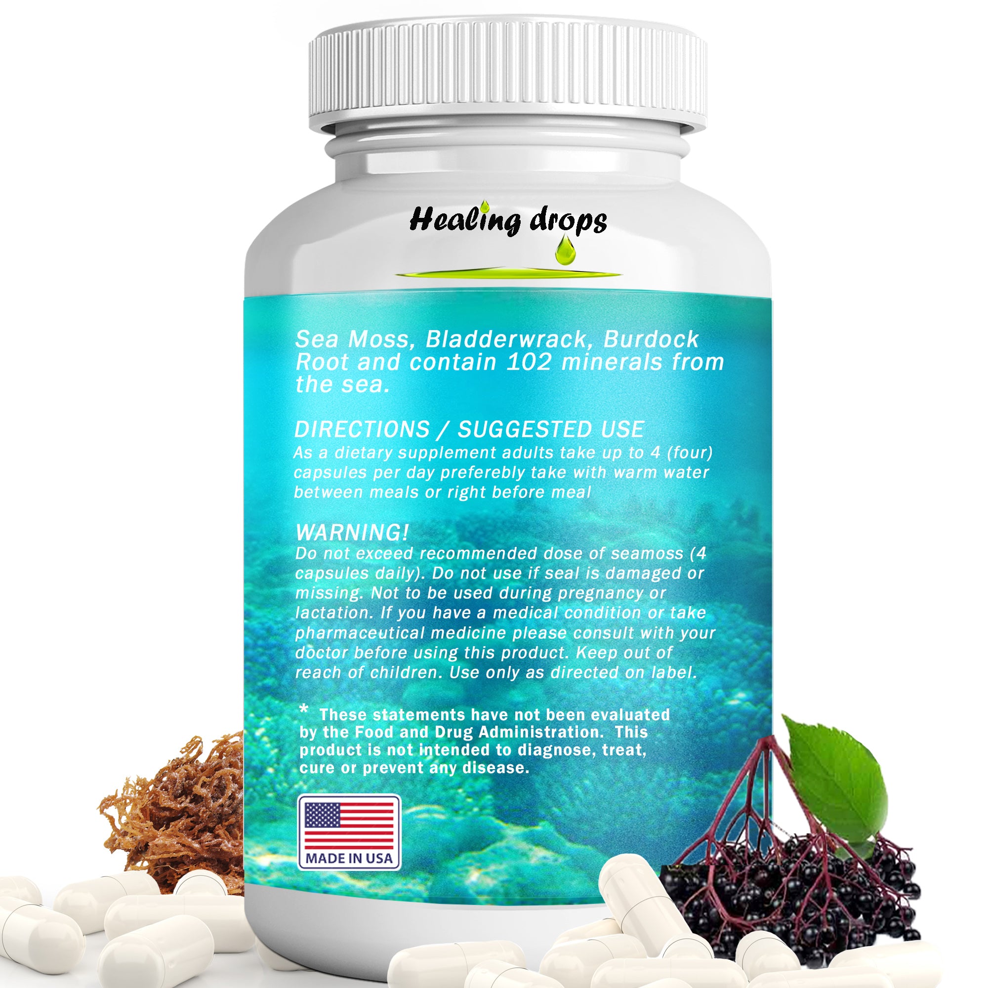 Irish Sea Moss Elderberry Capsules | Bladderwrack & Burdock Root | Immune & Thyroid Support | Healing Drops™