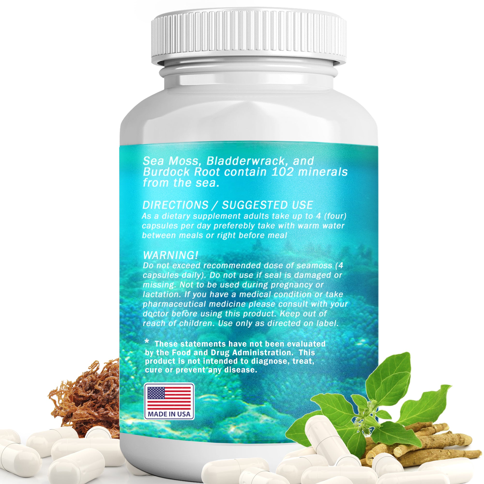 Sea Moss Ashwagandha Capsules | Bladderwrack & Burdock Root | 102 Minerals | Healing Drops™