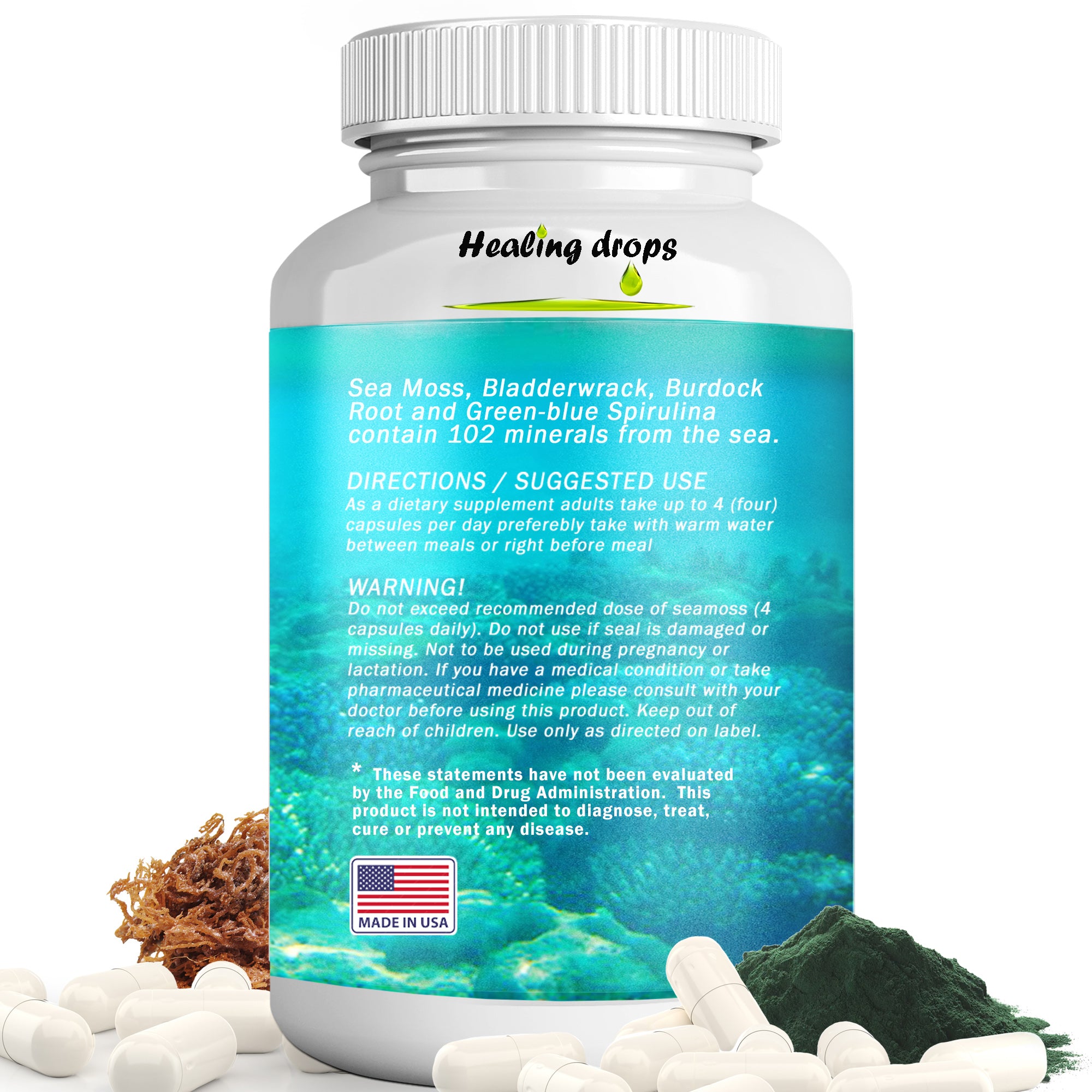 Irish Sea Moss Spirulina Capsules | Bladderwrack & Burdock Root | Superfood Mineral Complex | Healing Drops™