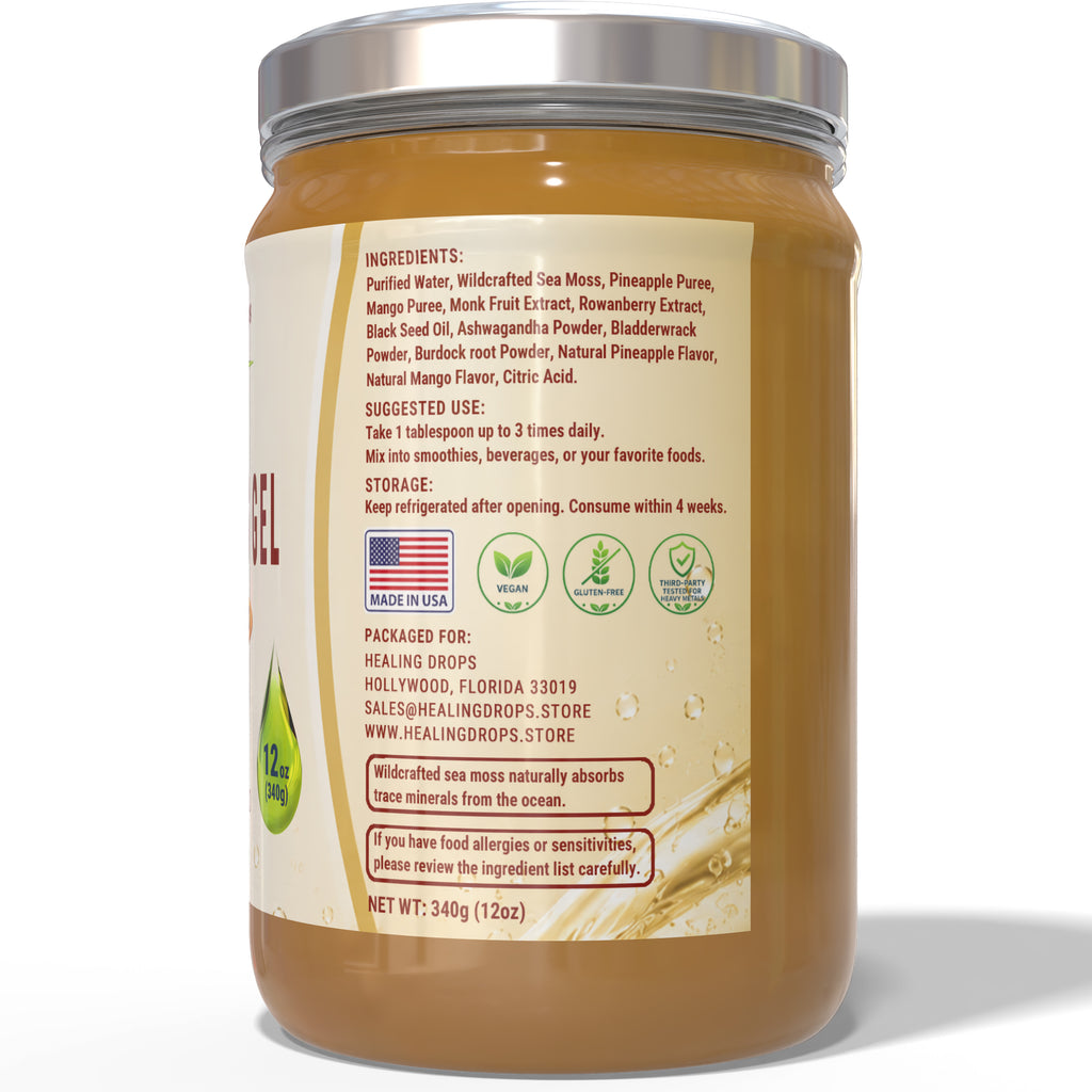 Sea Moss Gel Ashwagandha Mango Pineapple Black Seed Oil Burdock Bladderwrack - 92 Minerals & Trace Elements | Healing Drops™