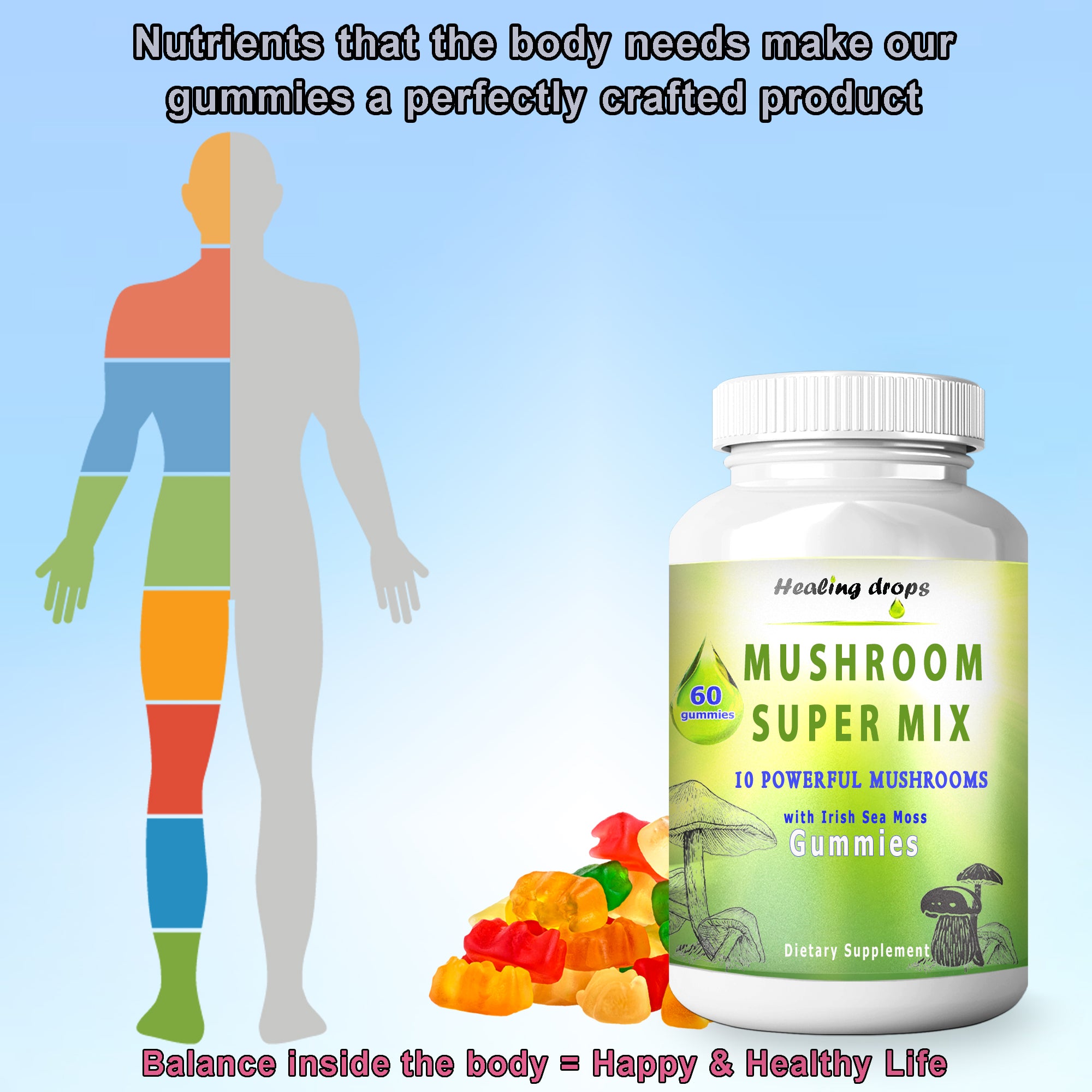 10 Mushroom Blend Sea Moss Gummies | Turkey Tail, Lion's Mane, Reishi + More | Healing Drops™