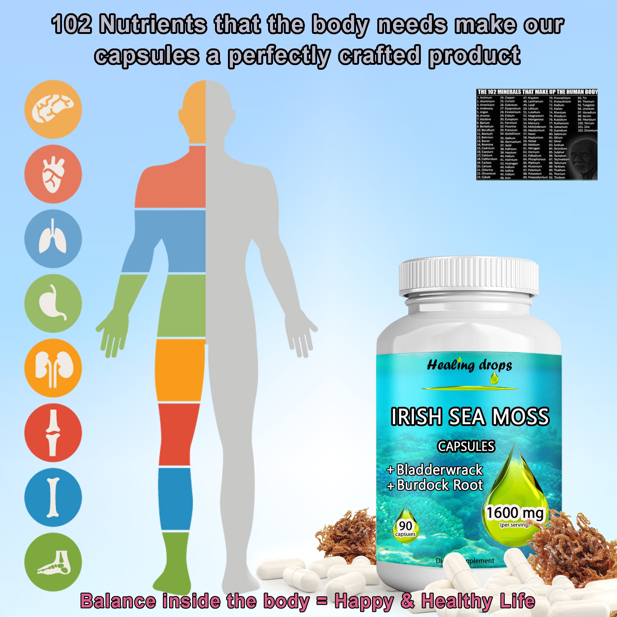 Irish Sea Moss Capsules 1600mg | Bladderwrack & Burdock Root | Thyroid Detox & Skin Support | Healing Drops™