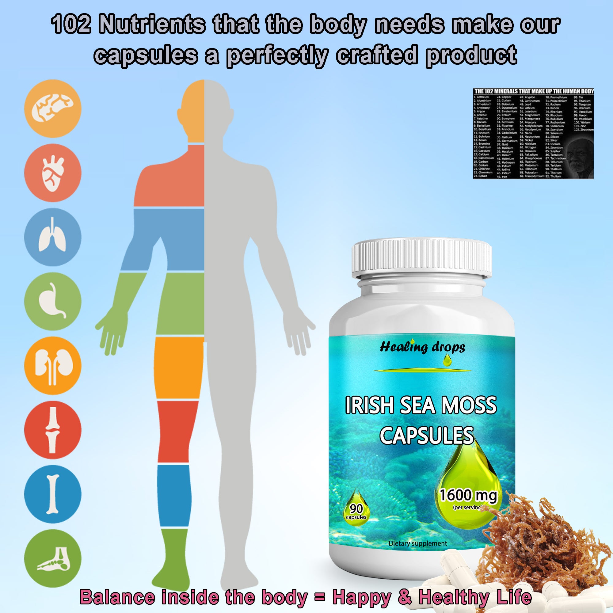 Irish Sea Moss Capsules 1600mg | Raw Organic Wildcrafted | Thyroid & Skin Support | Healing Drops™