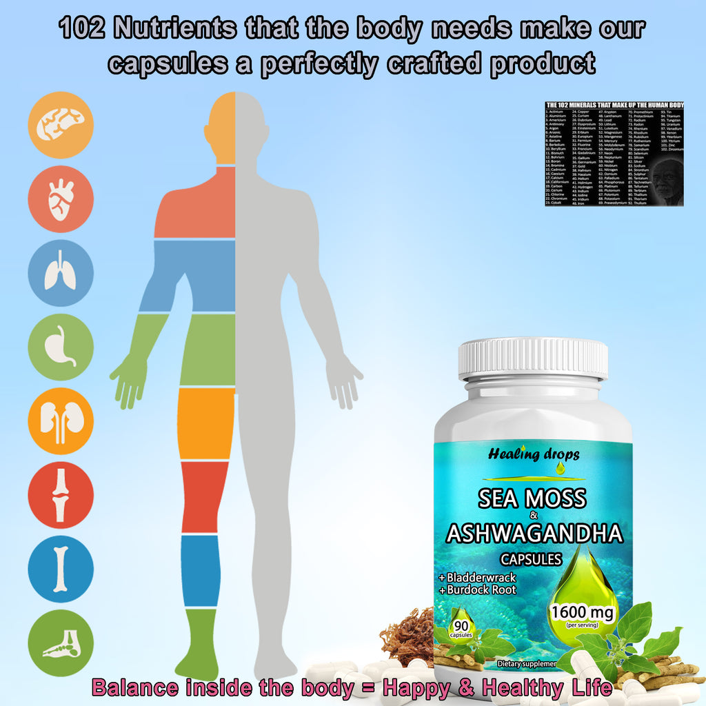 Sea Moss Ashwagandha Capsules | Bladderwrack & Burdock Root | 102 Minerals | Healing Drops™