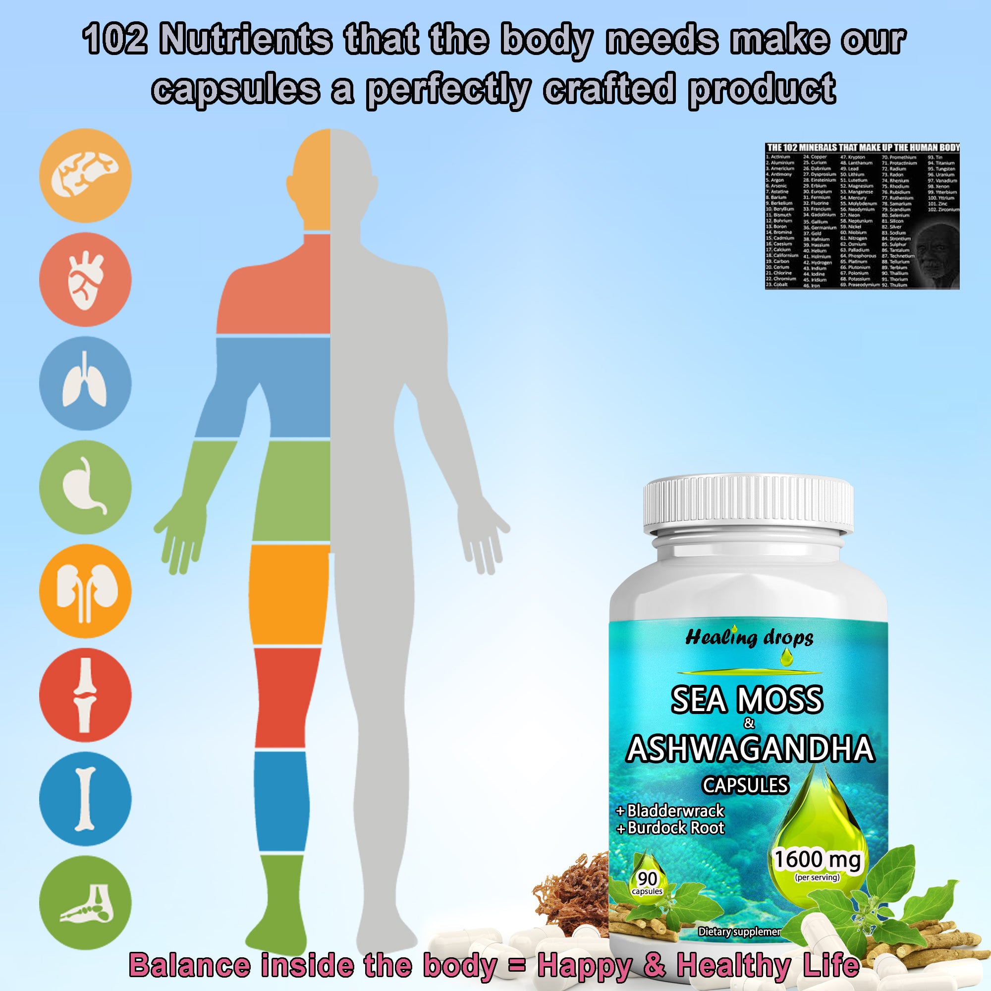 Sea Moss Ashwagandha Capsules | Bladderwrack & Burdock Root | 102 Minerals | Healing Drops™