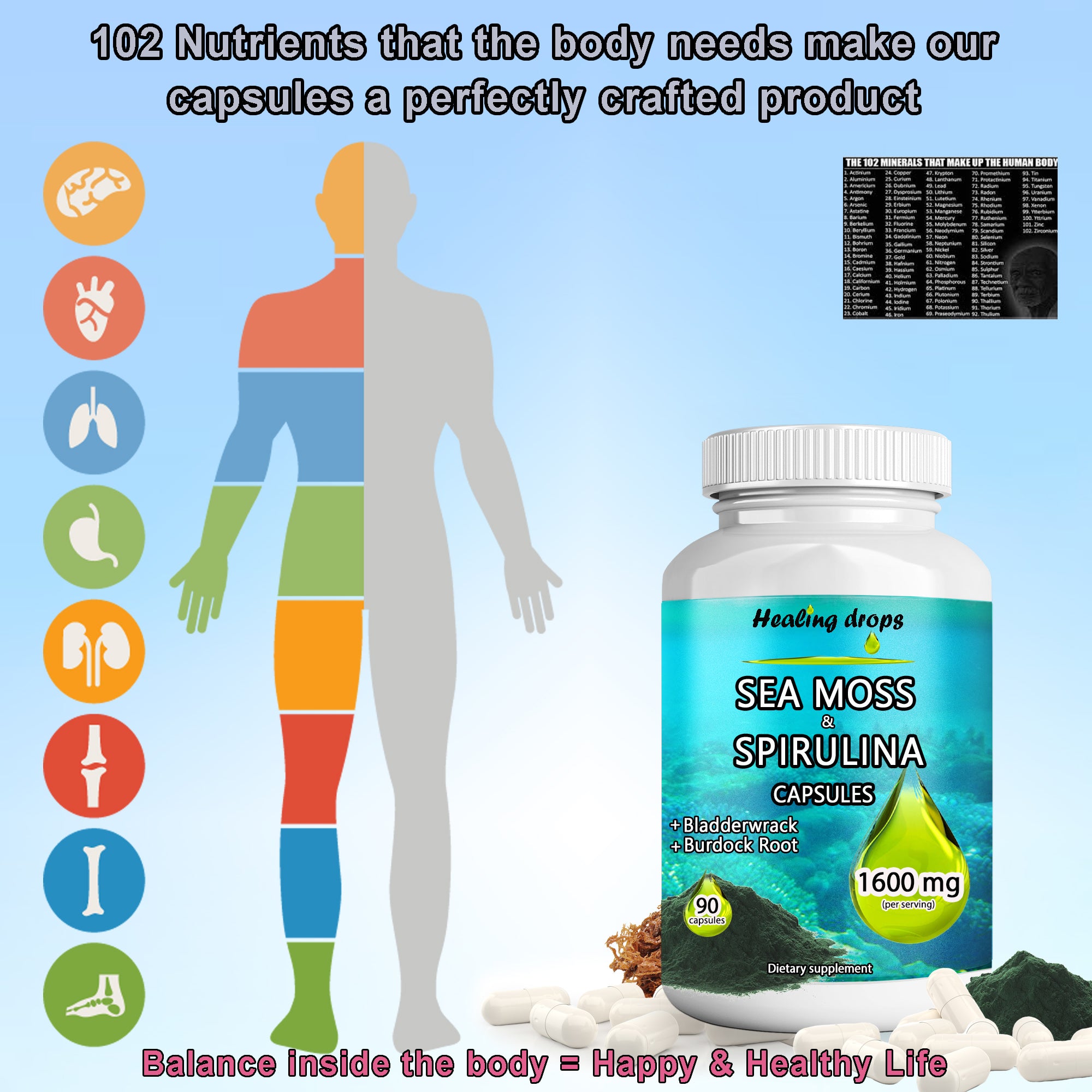 Irish Sea Moss Spirulina Capsules | Bladderwrack & Burdock Root | Superfood Mineral Complex | Healing Drops™