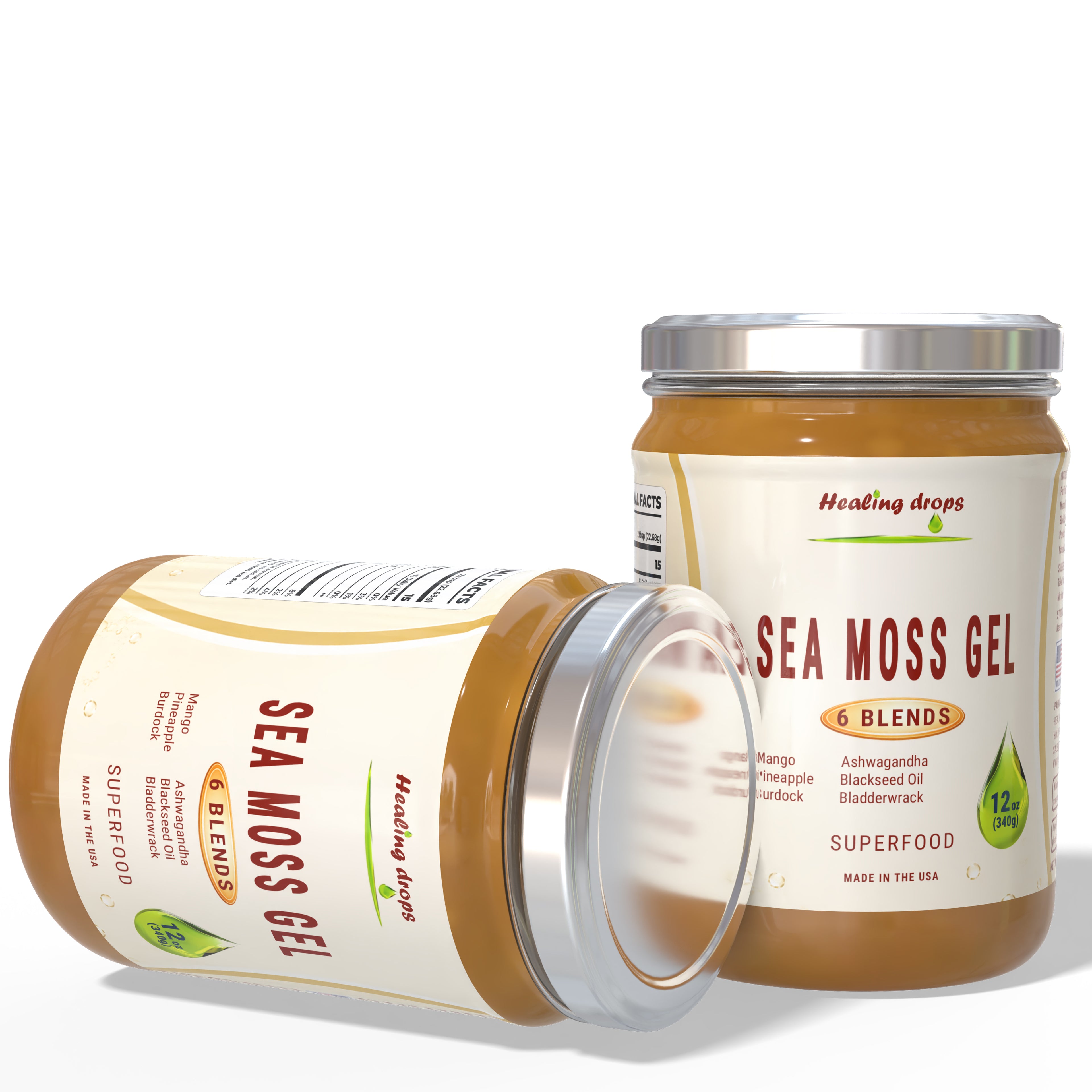 Sea Moss Gel Ashwagandha Mango Pineapple Black Seed Oil Burdock Bladderwrack - 92 Minerals & Trace Elements | Healing Drops™