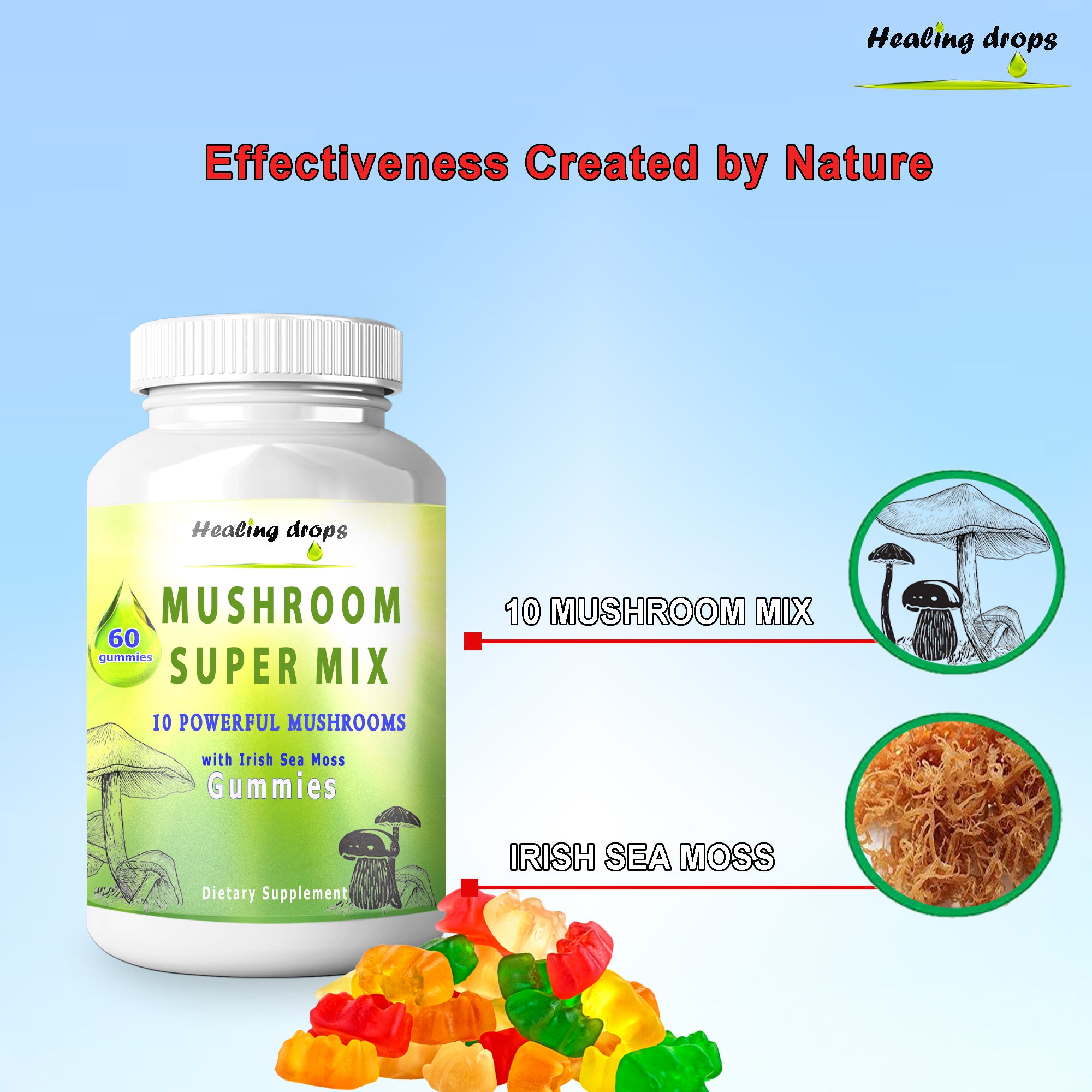 10 Mushroom Blend Sea Moss Gummies | Turkey Tail, Lion's Mane, Reishi + More | Healing Drops™