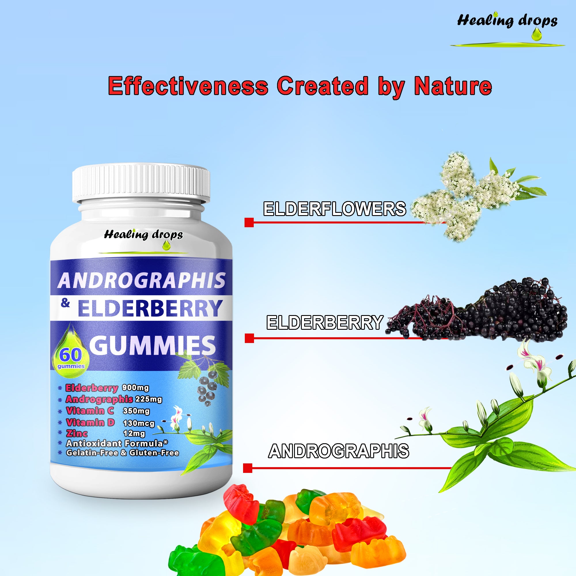 Elderberry Andrographis Gummies 900mg | Immune Defense for Adults & Kids | Healing Drops™