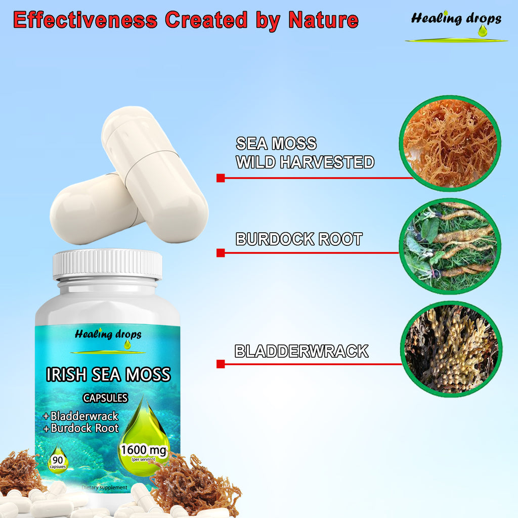 Irish Sea Moss Capsules 1600mg | Bladderwrack & Burdock Root | Thyroid Detox & Skin Support | Healing Drops™