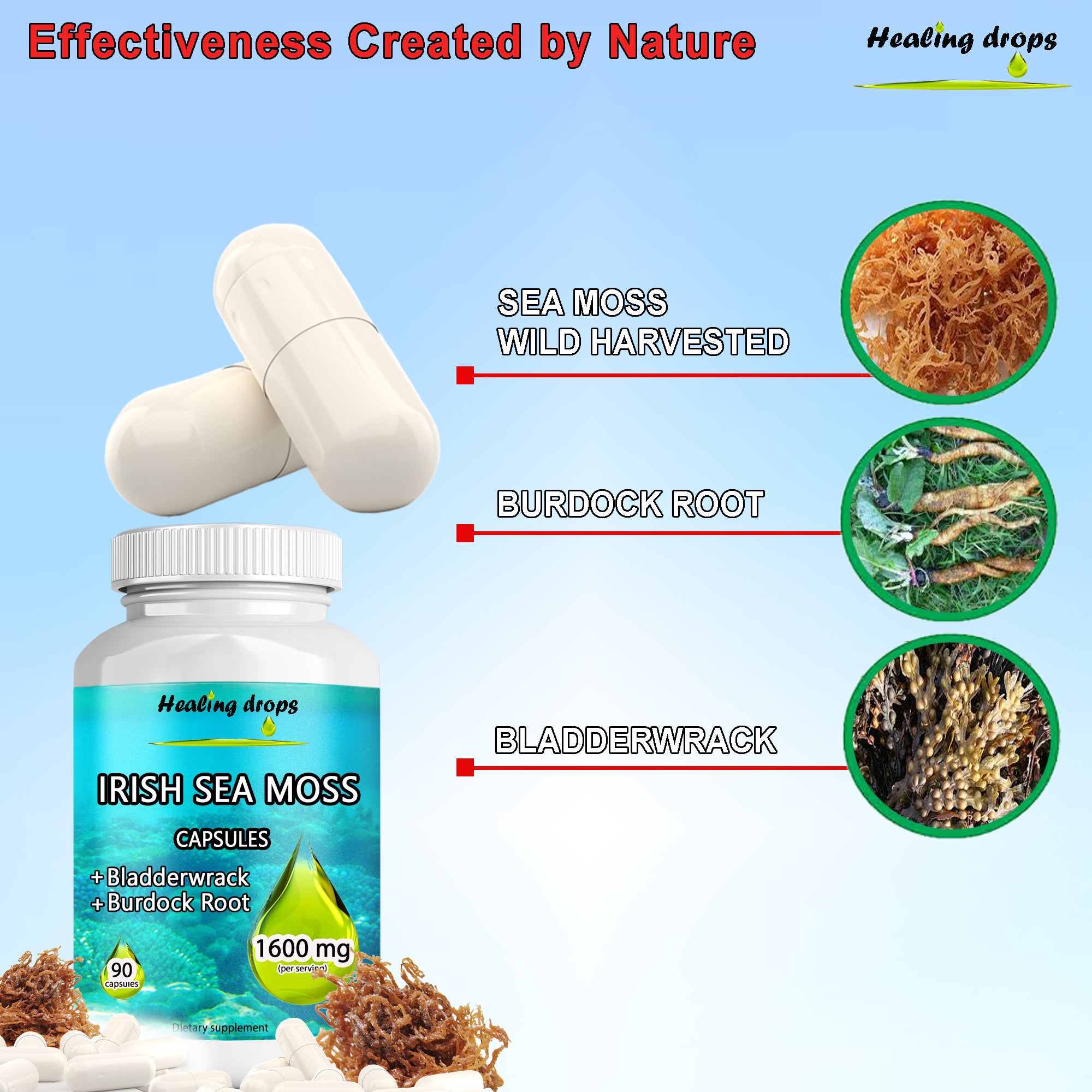 Irish Sea Moss Capsules 1600mg | Bladderwrack & Burdock Root | Thyroid Detox & Skin Support | Healing Drops™