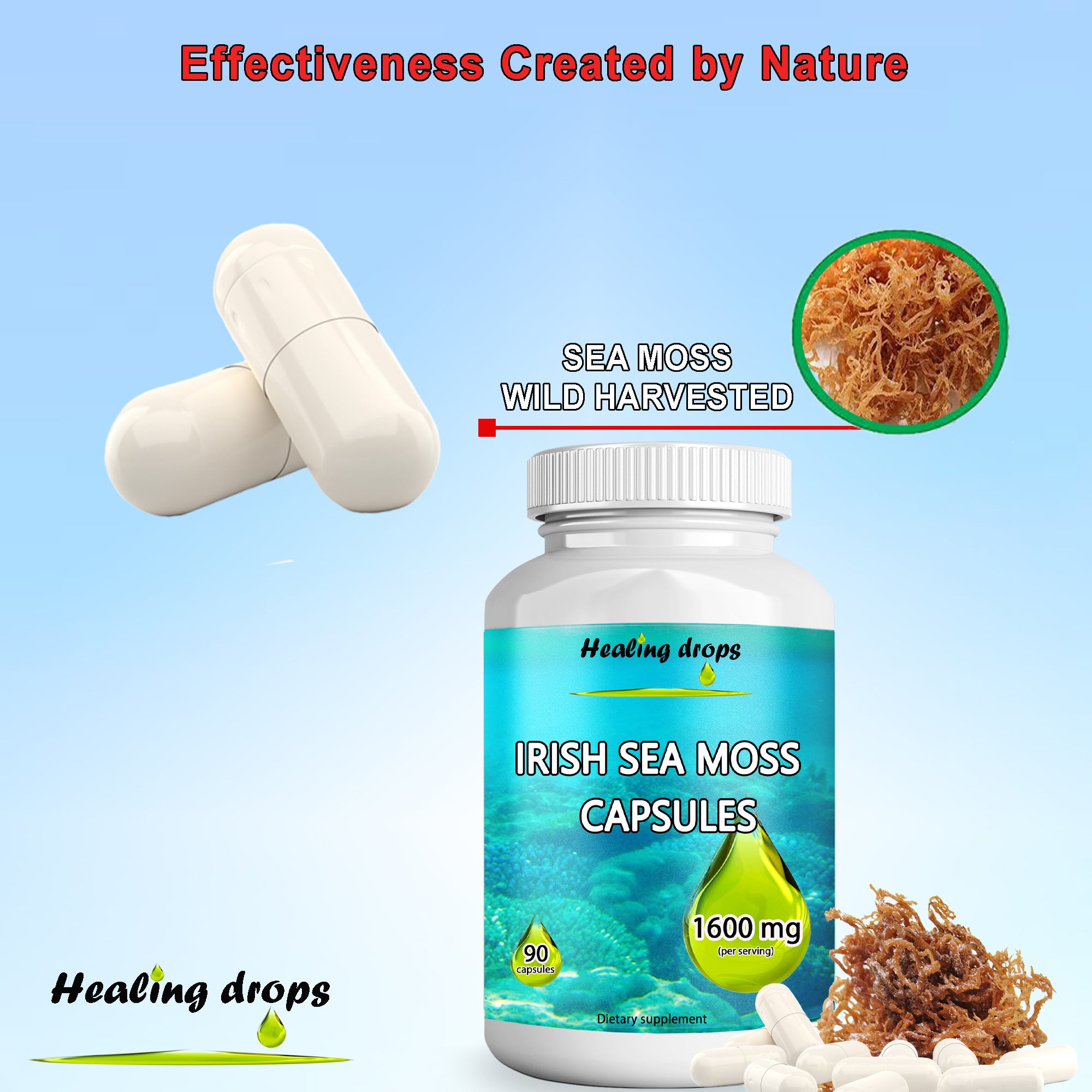 Irish Sea Moss Capsules 1600mg | Raw Organic Wildcrafted | Thyroid & Skin Support | Healing Drops™