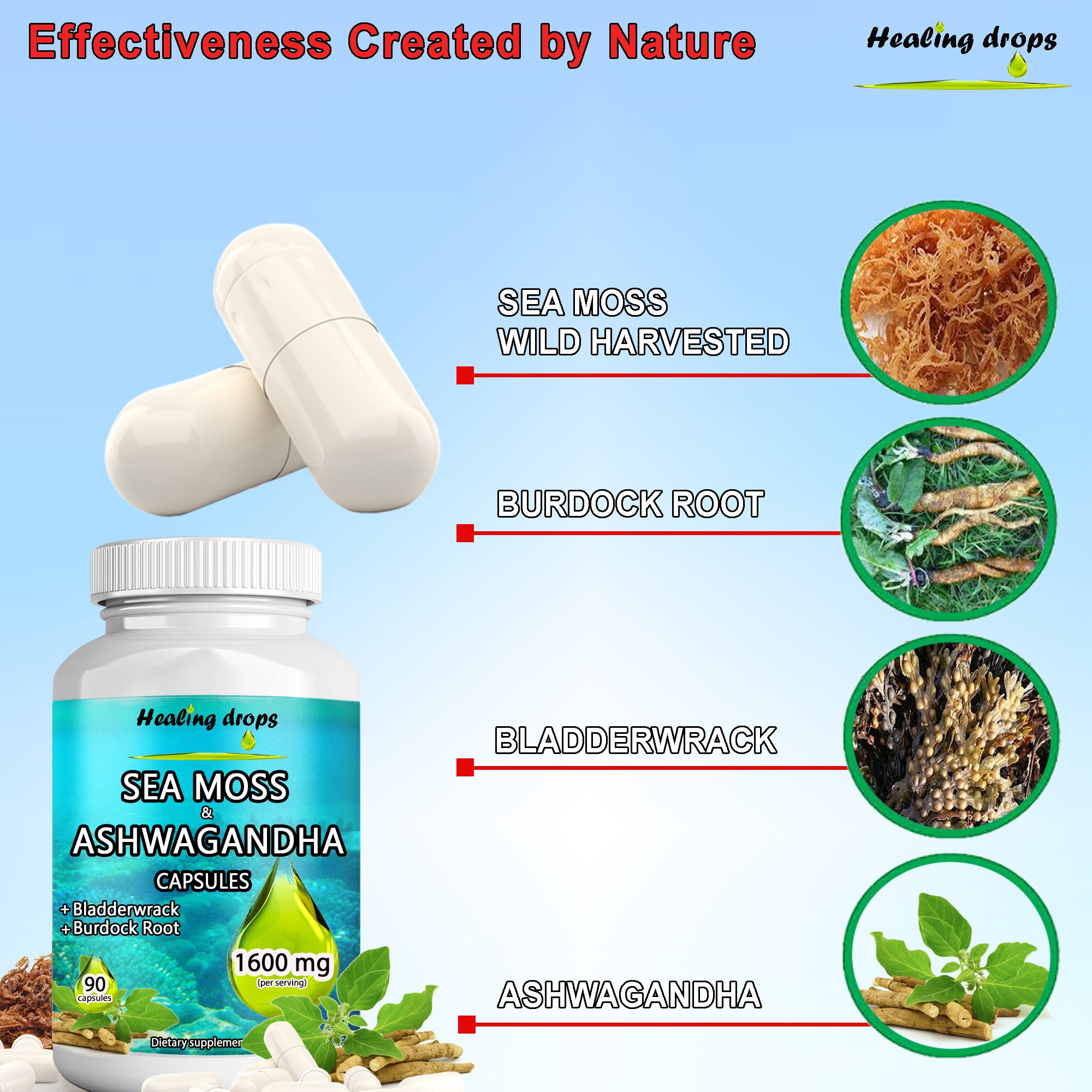 Sea Moss Ashwagandha Capsules | Bladderwrack & Burdock Root | 102 Minerals | Healing Drops™