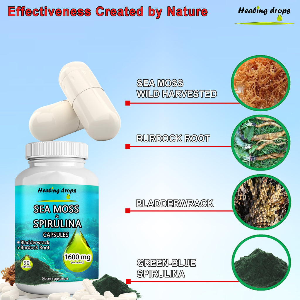 Irish Sea Moss Spirulina Capsules | Bladderwrack & Burdock Root | Superfood Mineral Complex | Healing Drops™