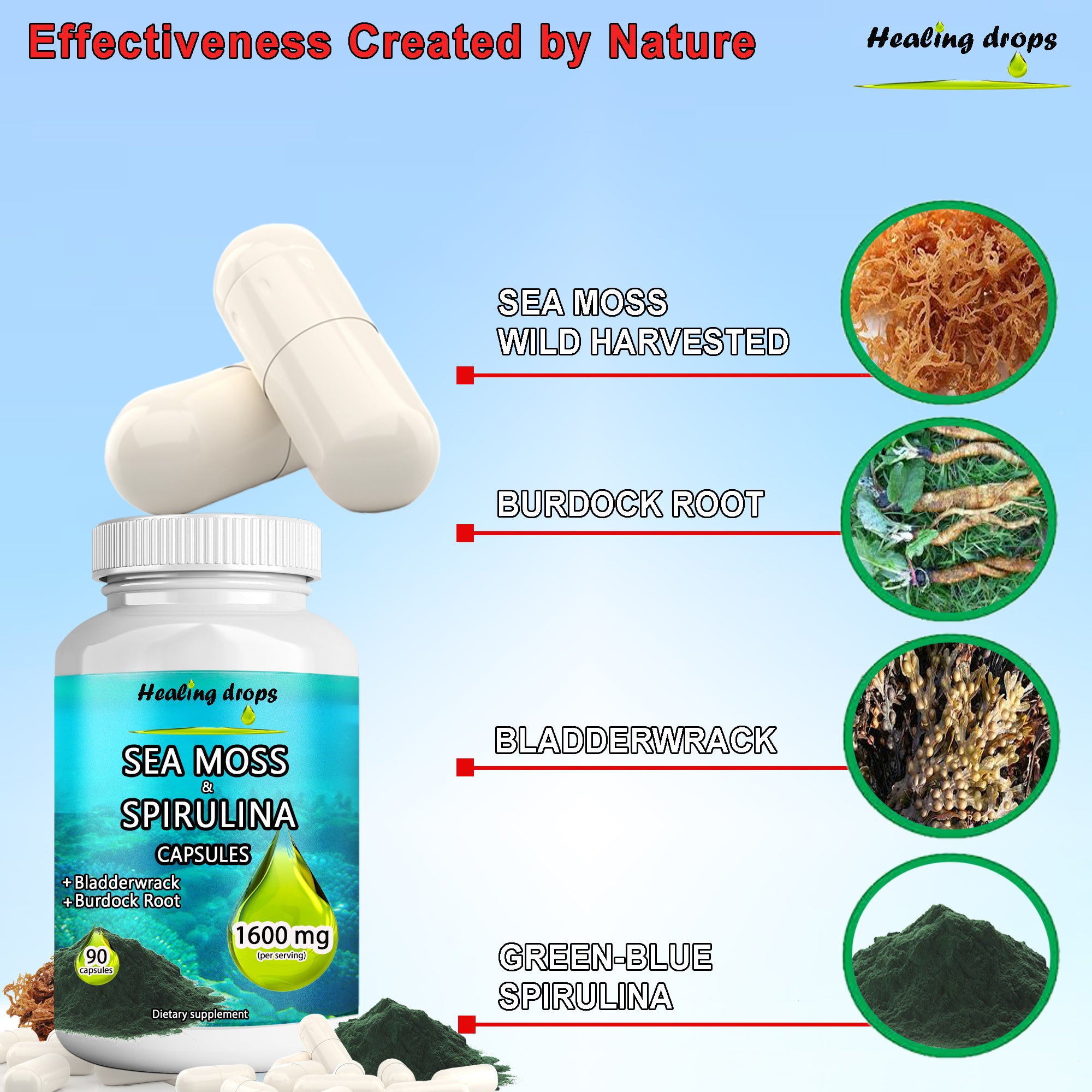 Irish Sea Moss Spirulina Capsules | Bladderwrack & Burdock Root | Superfood Mineral Complex | Healing Drops™