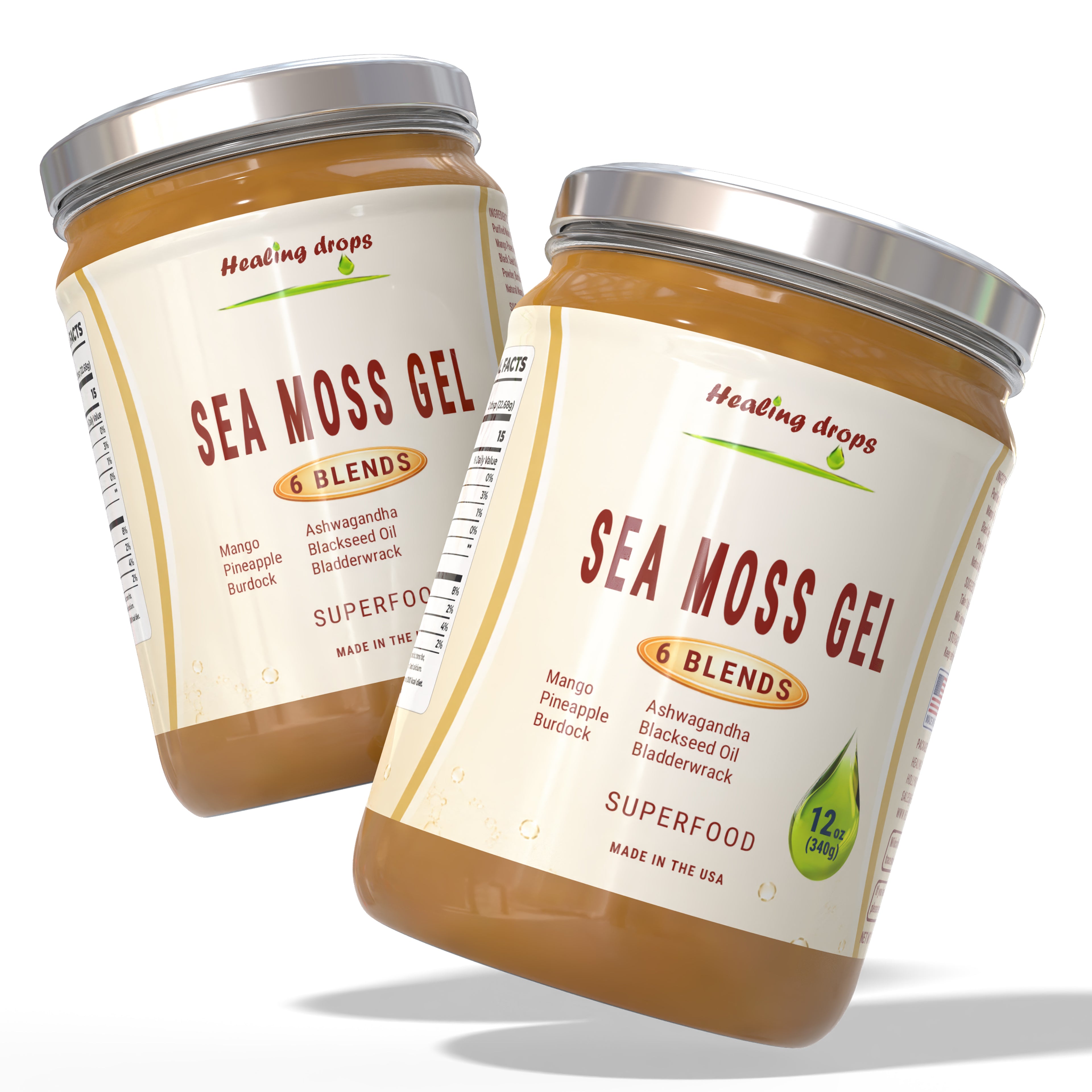 Sea Moss Gel Ashwagandha Mango Pineapple Black Seed Oil Burdock Bladderwrack - 92 Minerals & Trace Elements | Healing Drops™