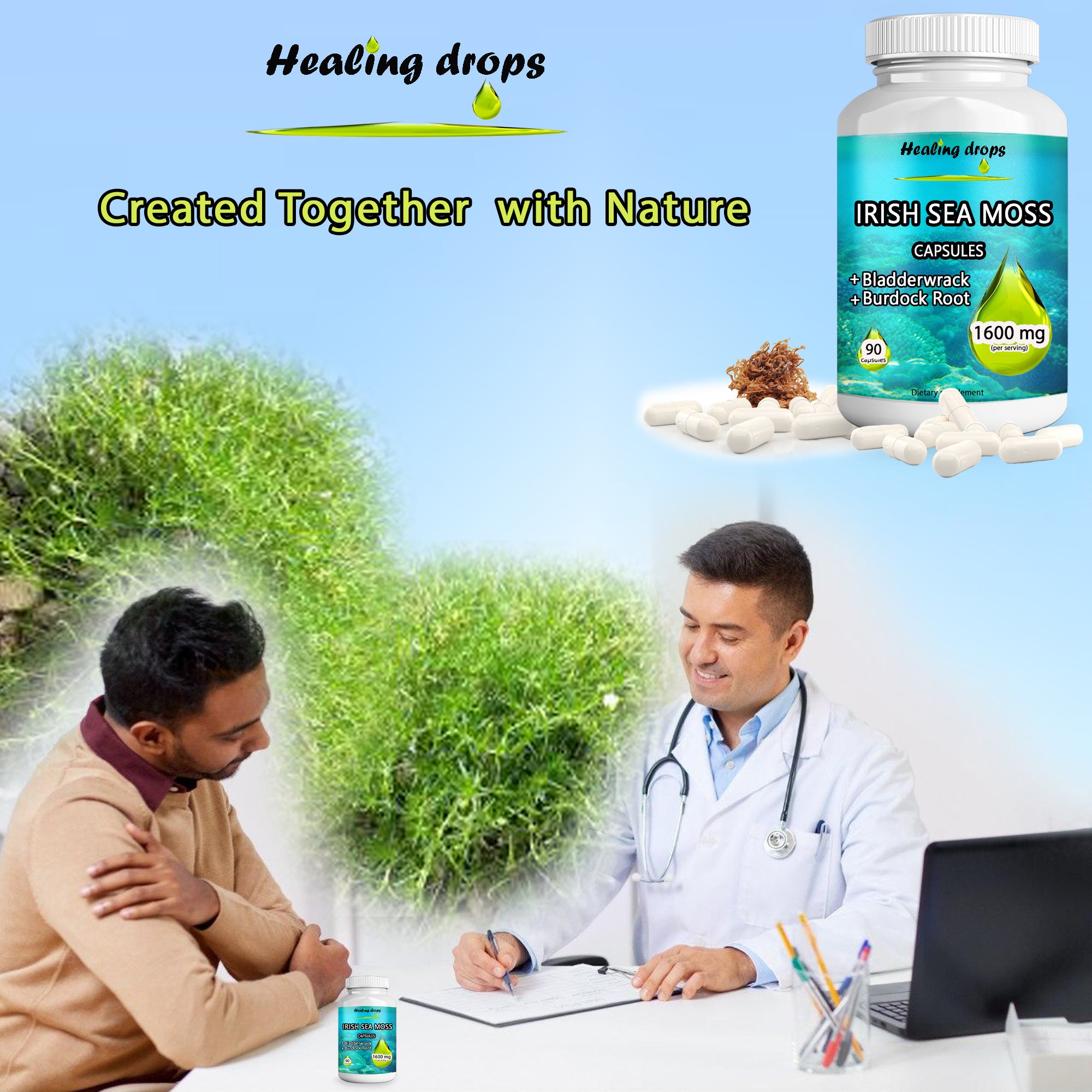 Irish Sea Moss Capsules 1600mg | Bladderwrack & Burdock Root | Thyroid Detox & Skin Support | Healing Drops™