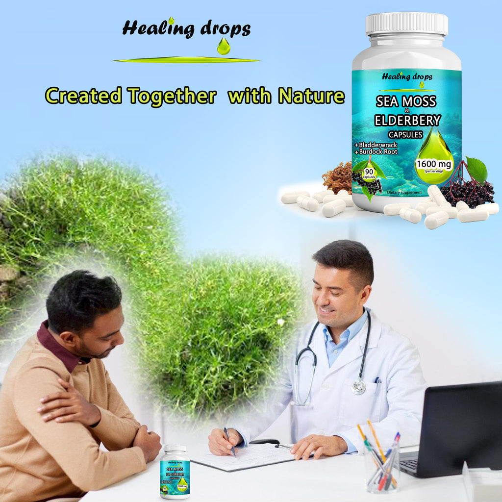 Irish Sea Moss Elderberry Capsules | Bladderwrack & Burdock Root | Immune & Thyroid Support | Healing Drops™