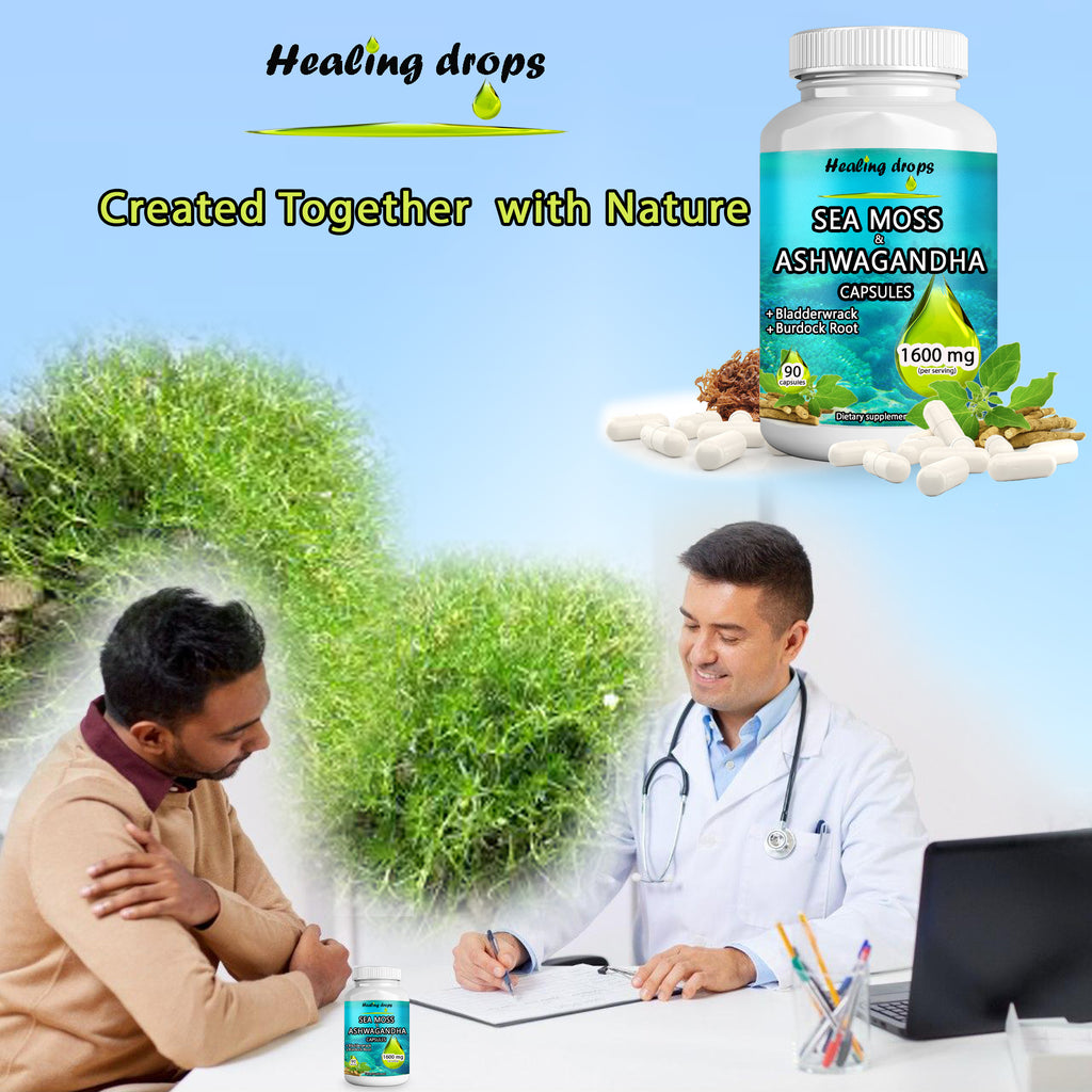 Sea Moss Ashwagandha Capsules | Bladderwrack & Burdock Root | 102 Minerals | Healing Drops™