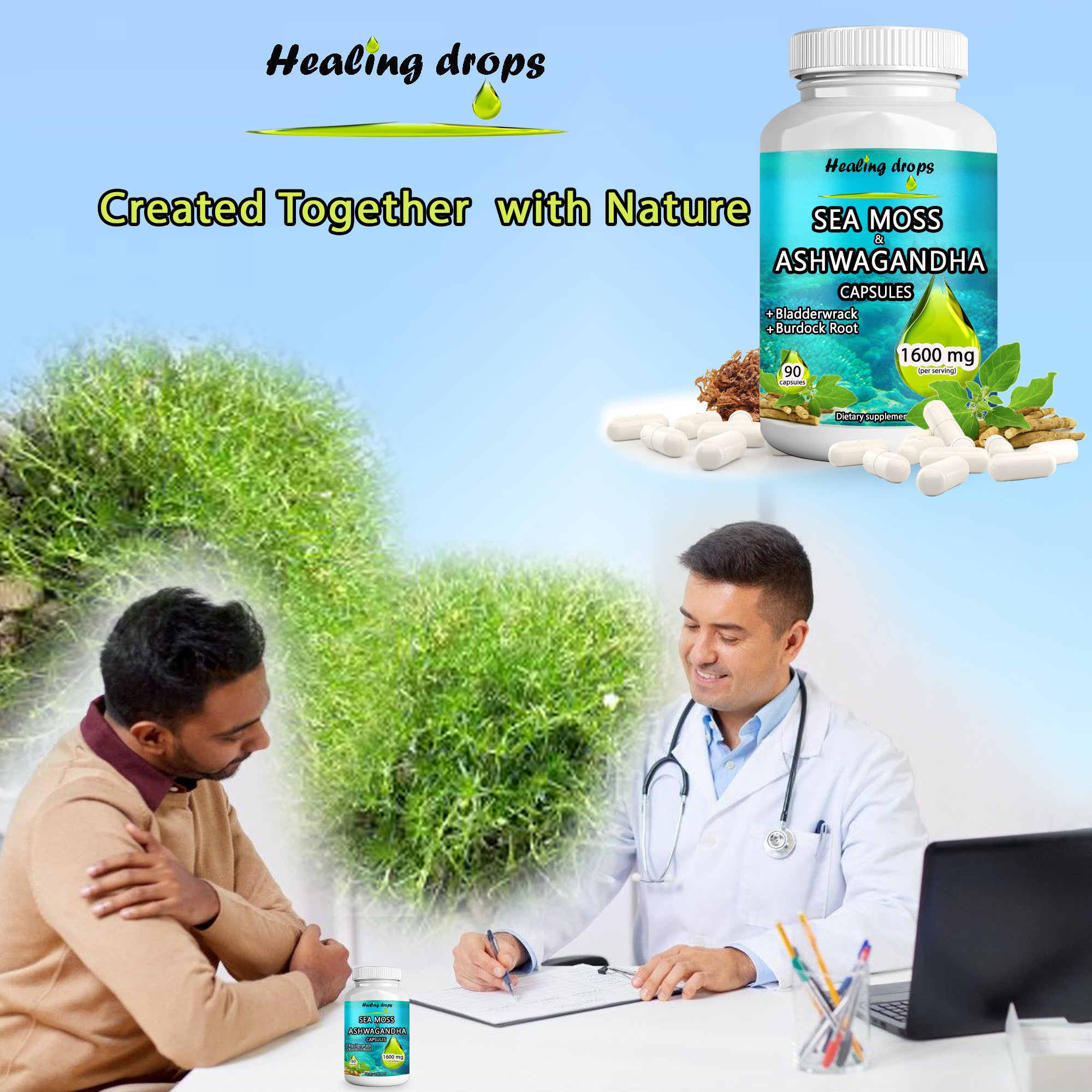 Sea Moss Ashwagandha Capsules | Bladderwrack & Burdock Root | 102 Minerals | Healing Drops™