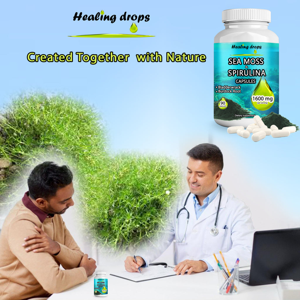 Irish Sea Moss Spirulina Capsules | Bladderwrack & Burdock Root | Superfood Mineral Complex | Healing Drops™