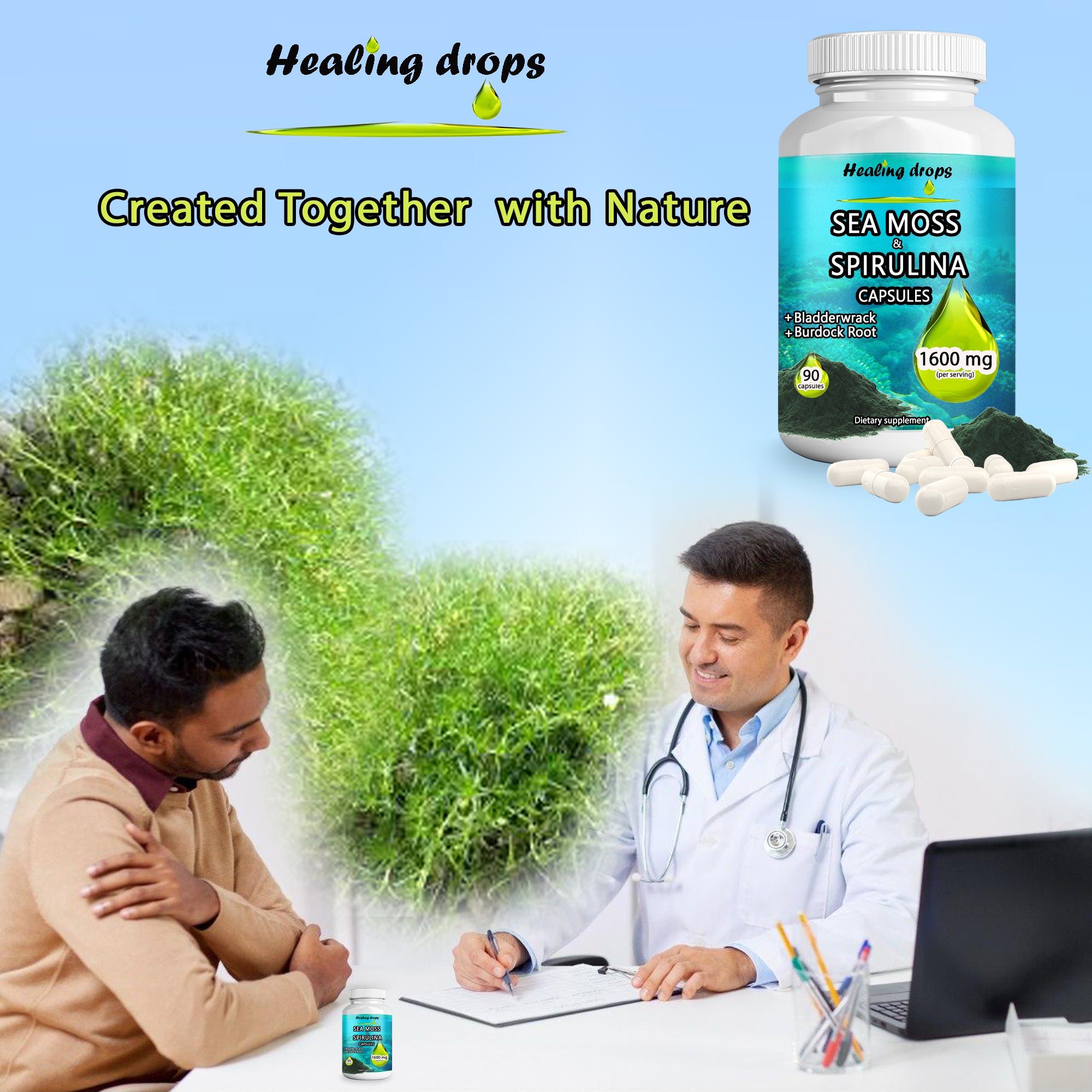 Irish Sea Moss Spirulina Capsules | Bladderwrack & Burdock Root | Superfood Mineral Complex | Healing Drops™
